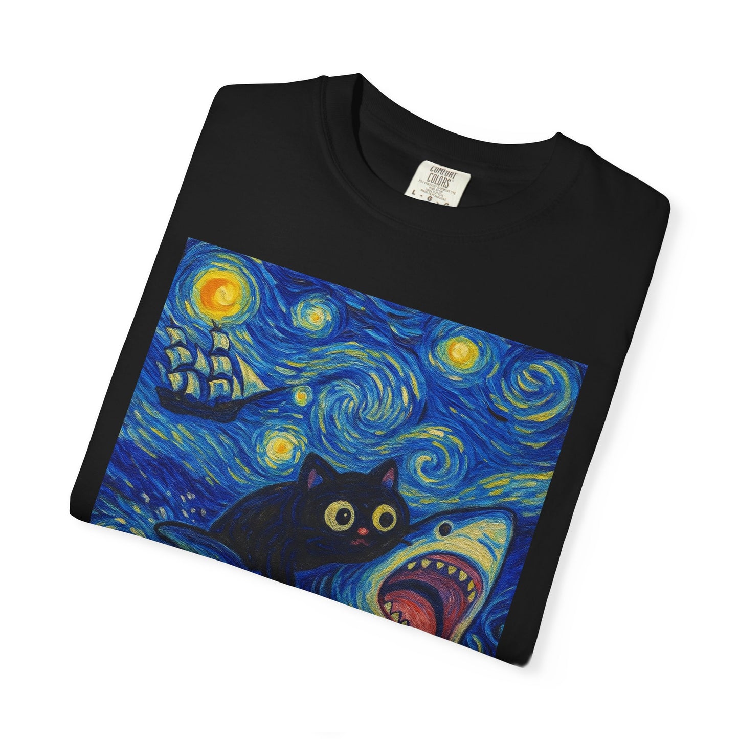 Whimsical Cat & Shark T-shirt