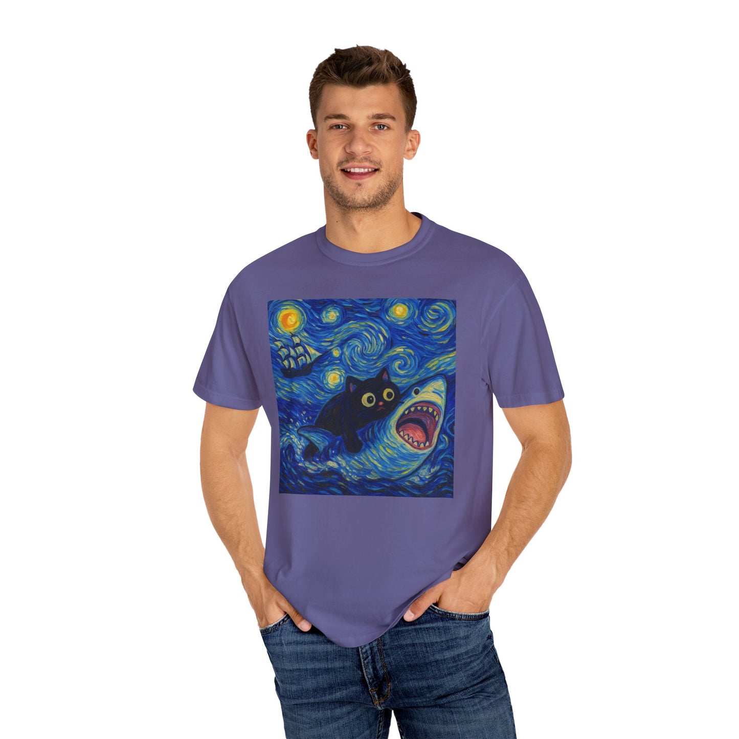 Whimsical Cat & Shark T-shirt
