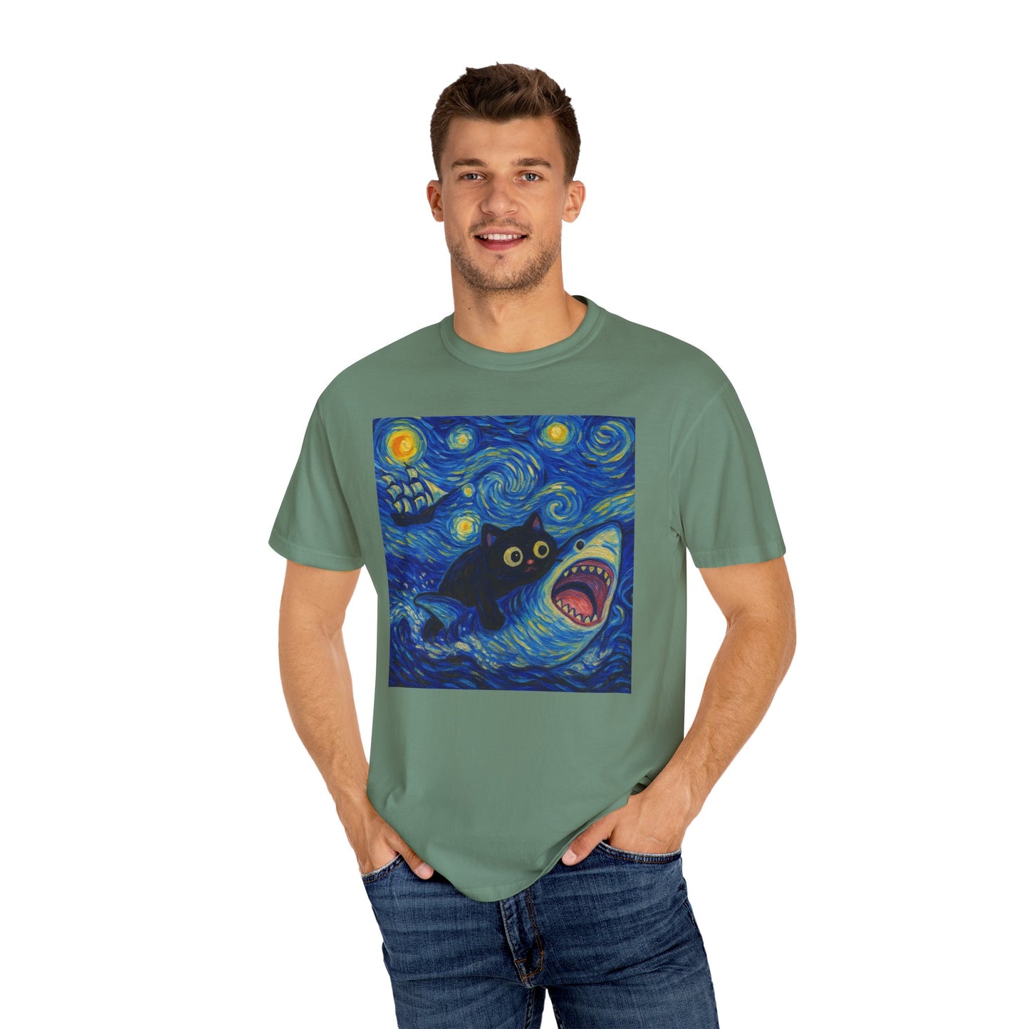 Whimsical Cat & Shark T-shirt