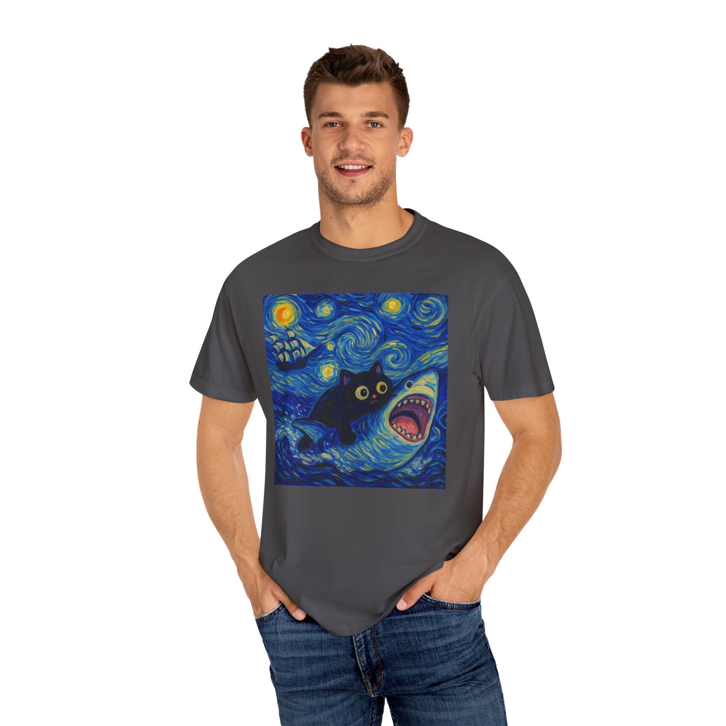 Whimsical Cat & Shark T-shirt