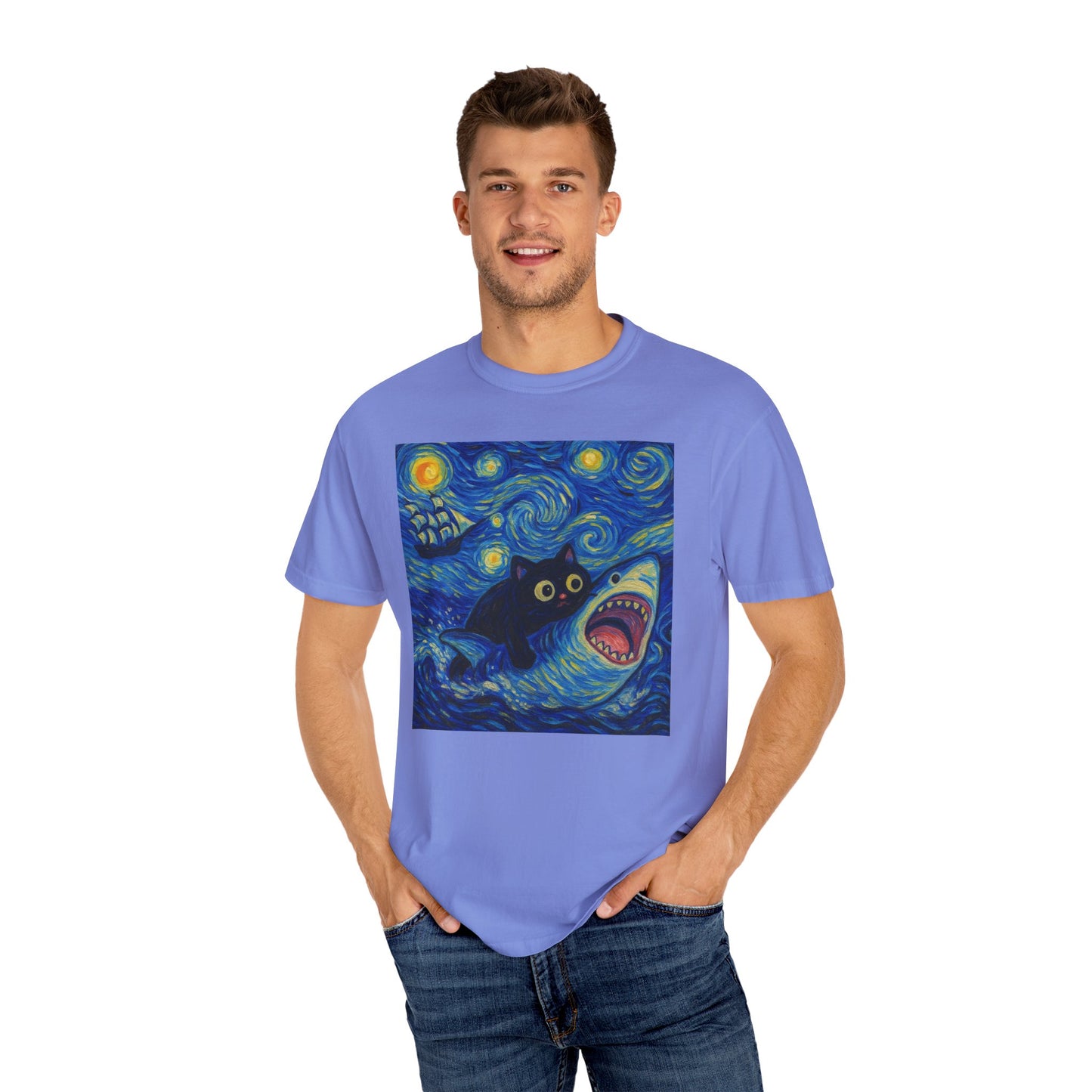 Whimsical Cat & Shark T-shirt
