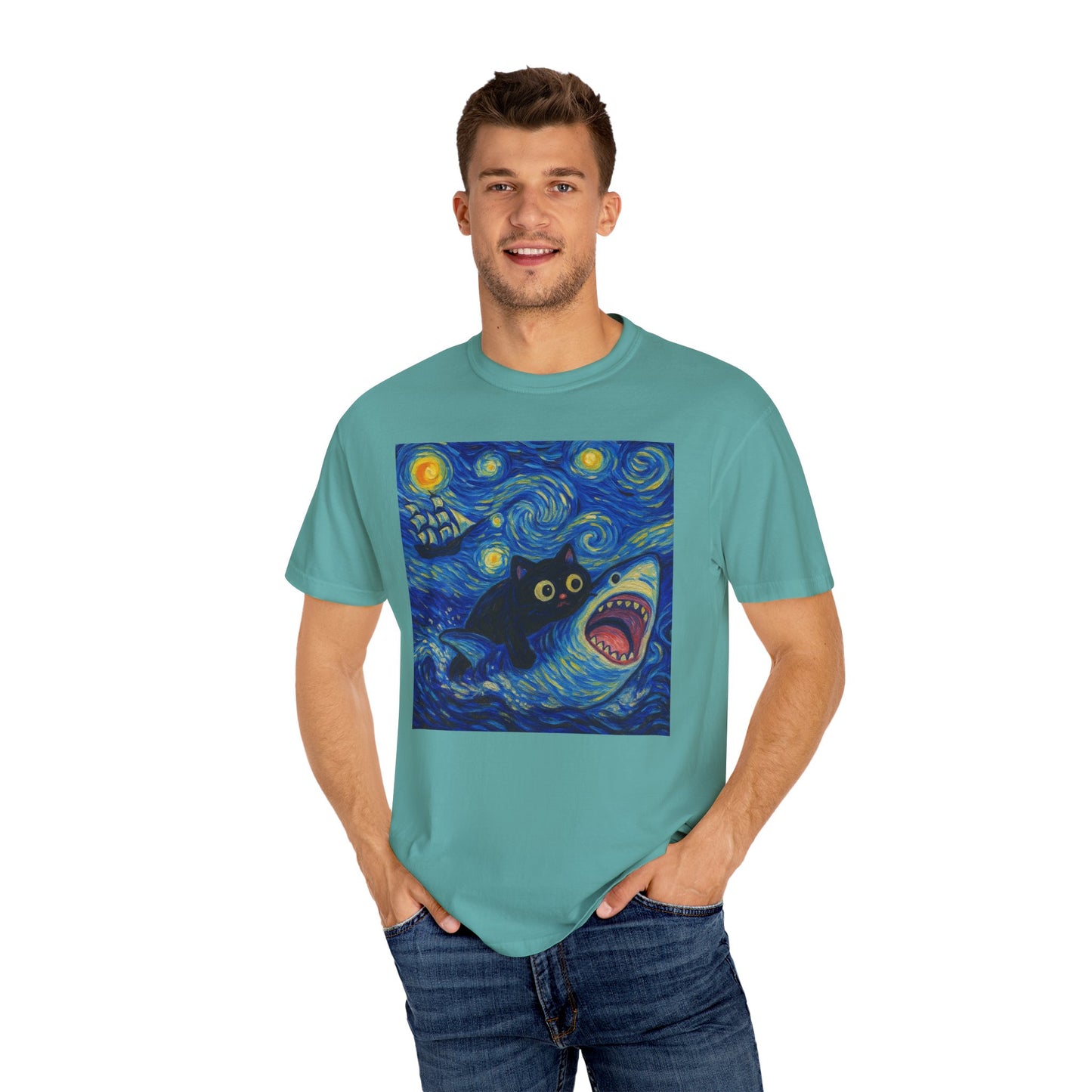 Whimsical Cat & Shark T-shirt