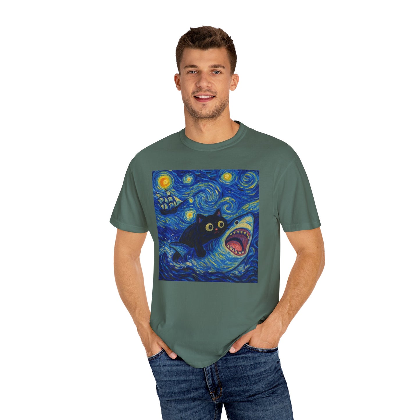 Whimsical Cat & Shark T-shirt