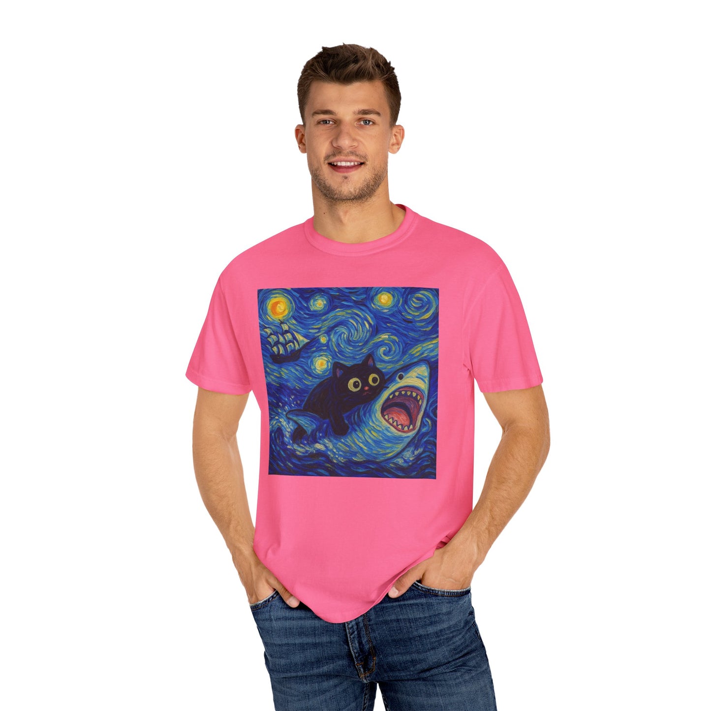 Whimsical Cat & Shark T-shirt