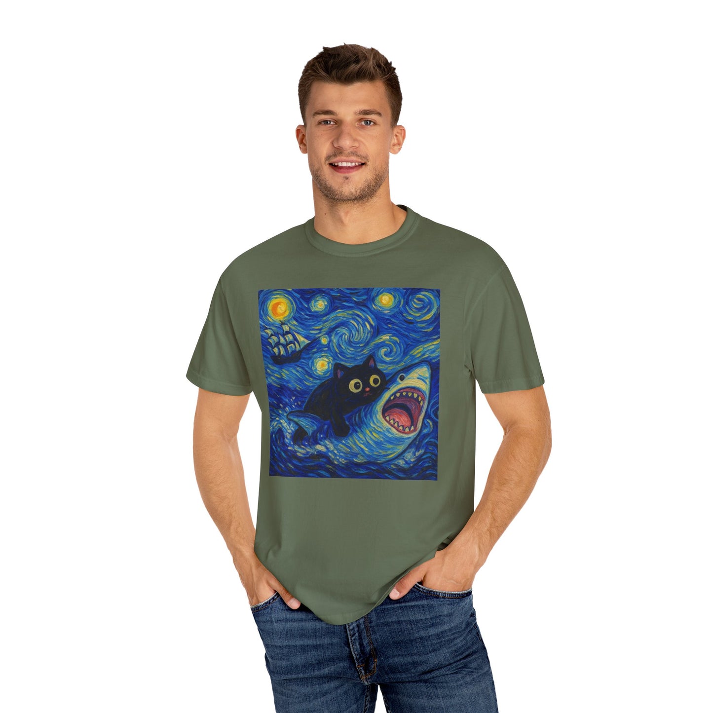 Whimsical Cat & Shark T-shirt