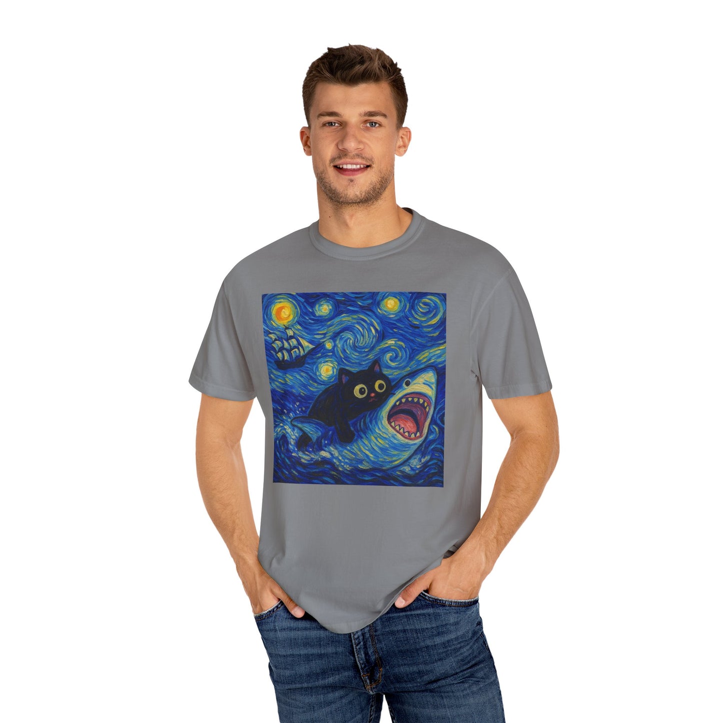 Whimsical Cat & Shark T-shirt