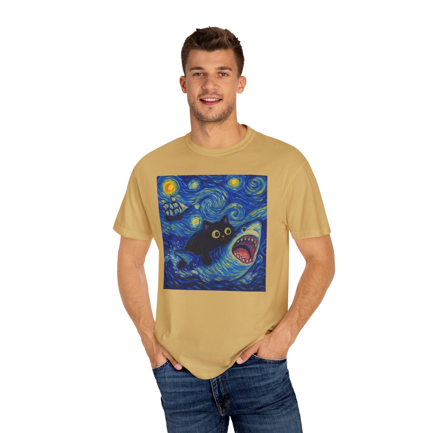 Whimsical Cat & Shark T-shirt