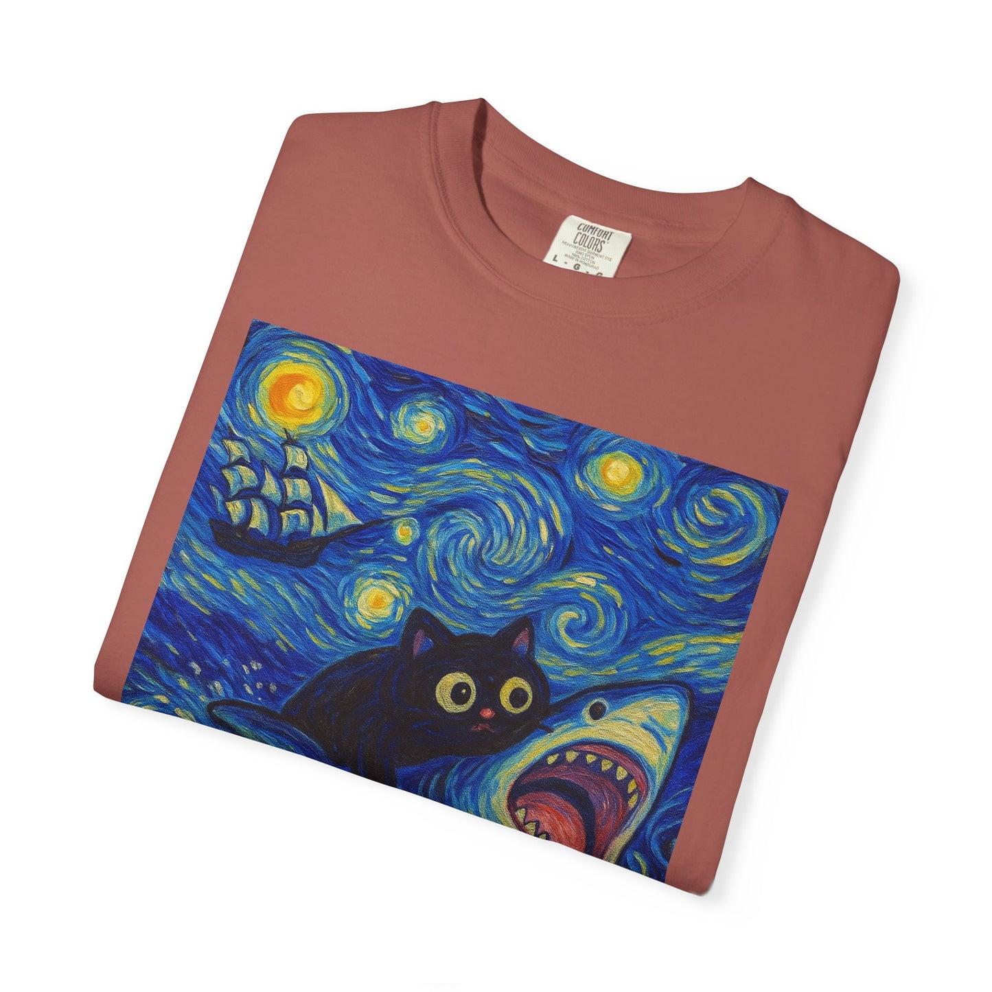 Whimsical Cat & Shark T-shirt