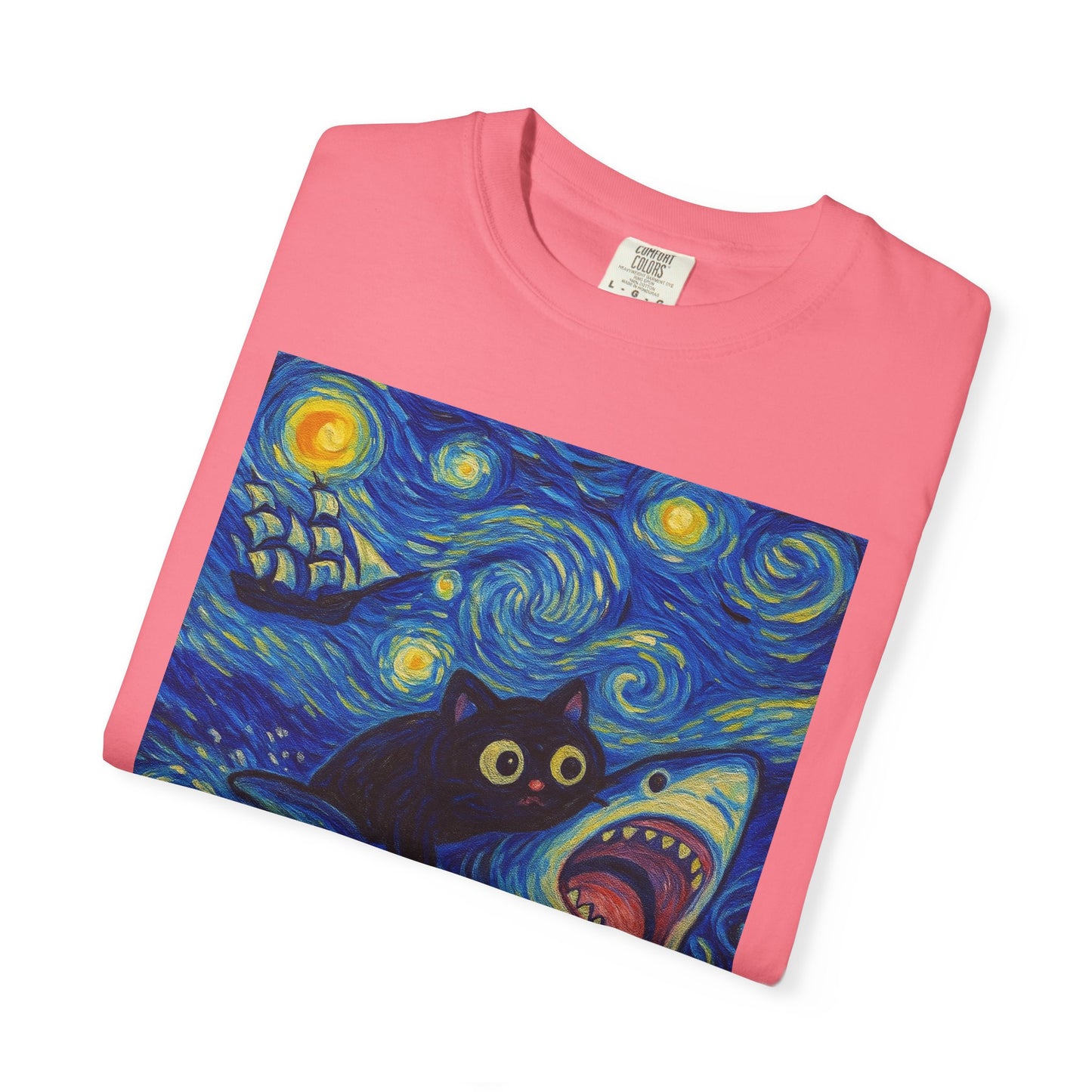 Whimsical Cat & Shark T-shirt