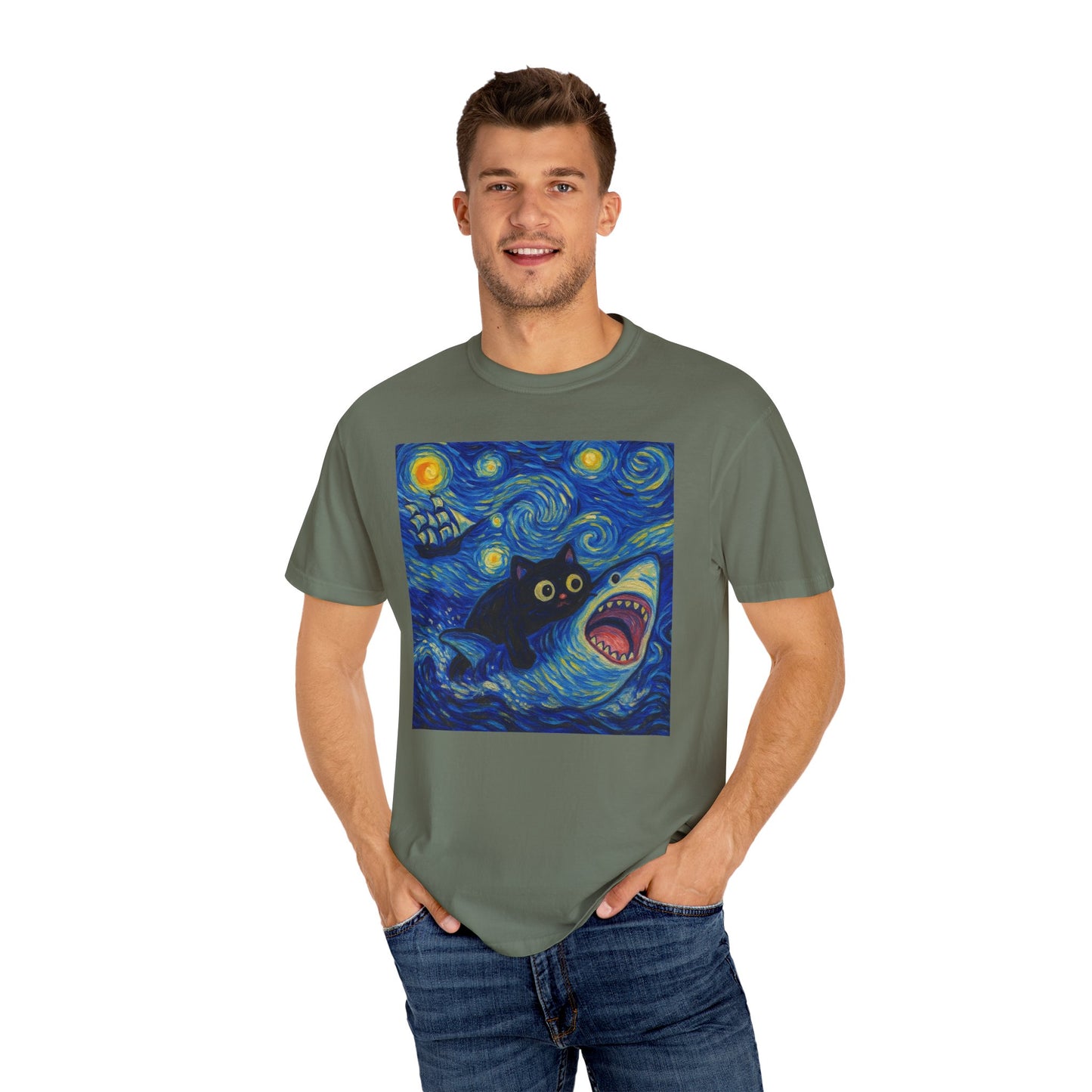 Whimsical Cat & Shark T-shirt