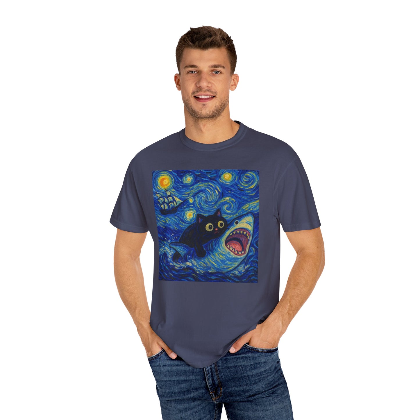 Whimsical Cat & Shark T-shirt