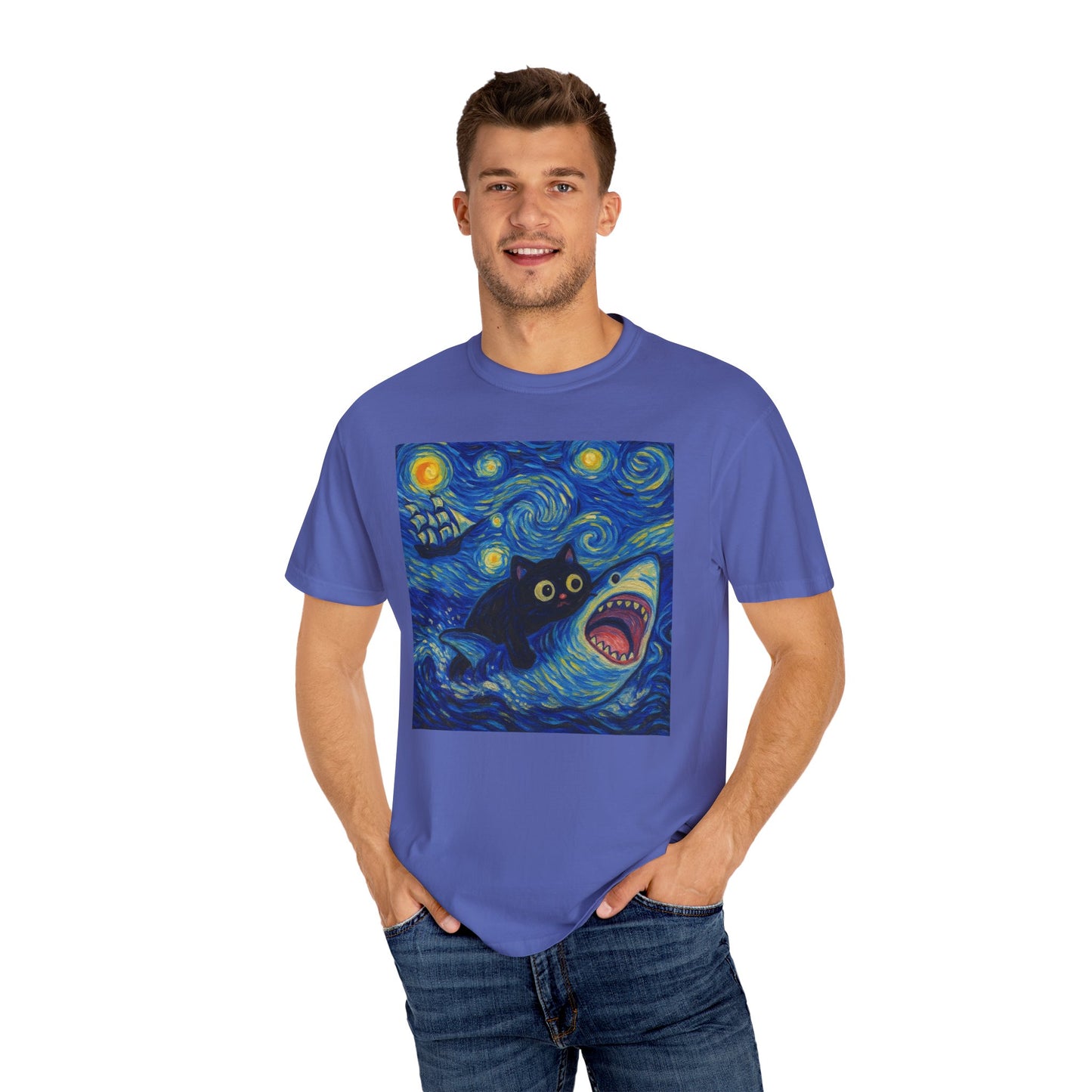 Whimsical Cat & Shark T-shirt
