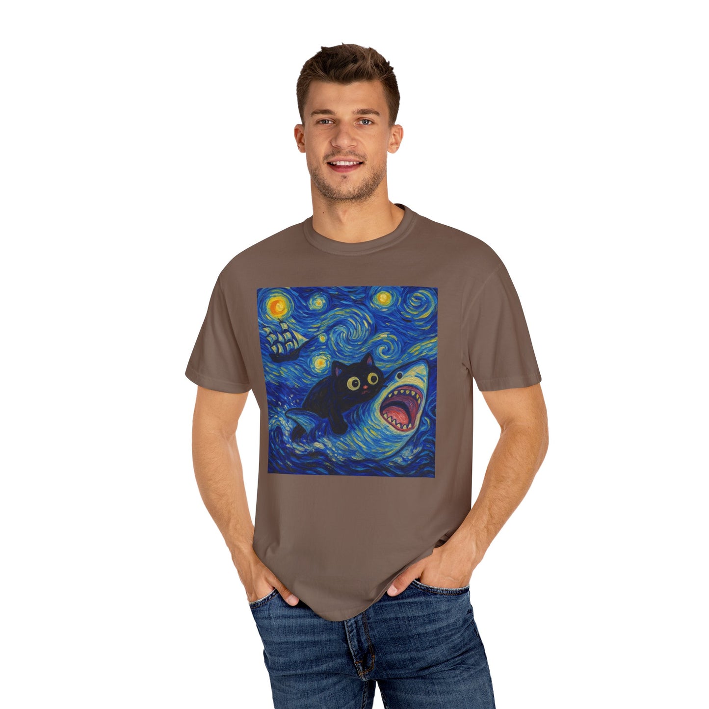 Whimsical Cat & Shark T-shirt