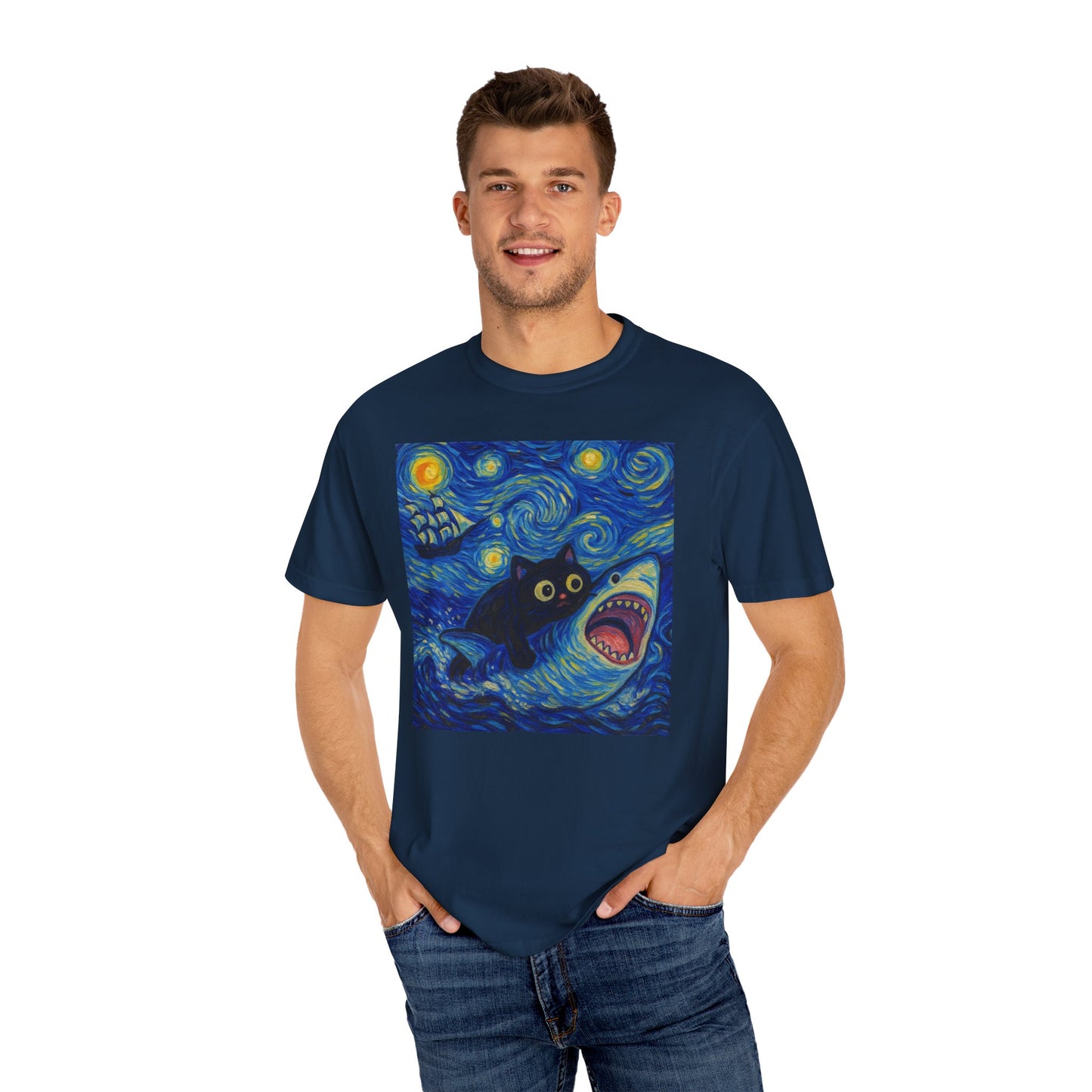 Whimsical Cat & Shark T-shirt