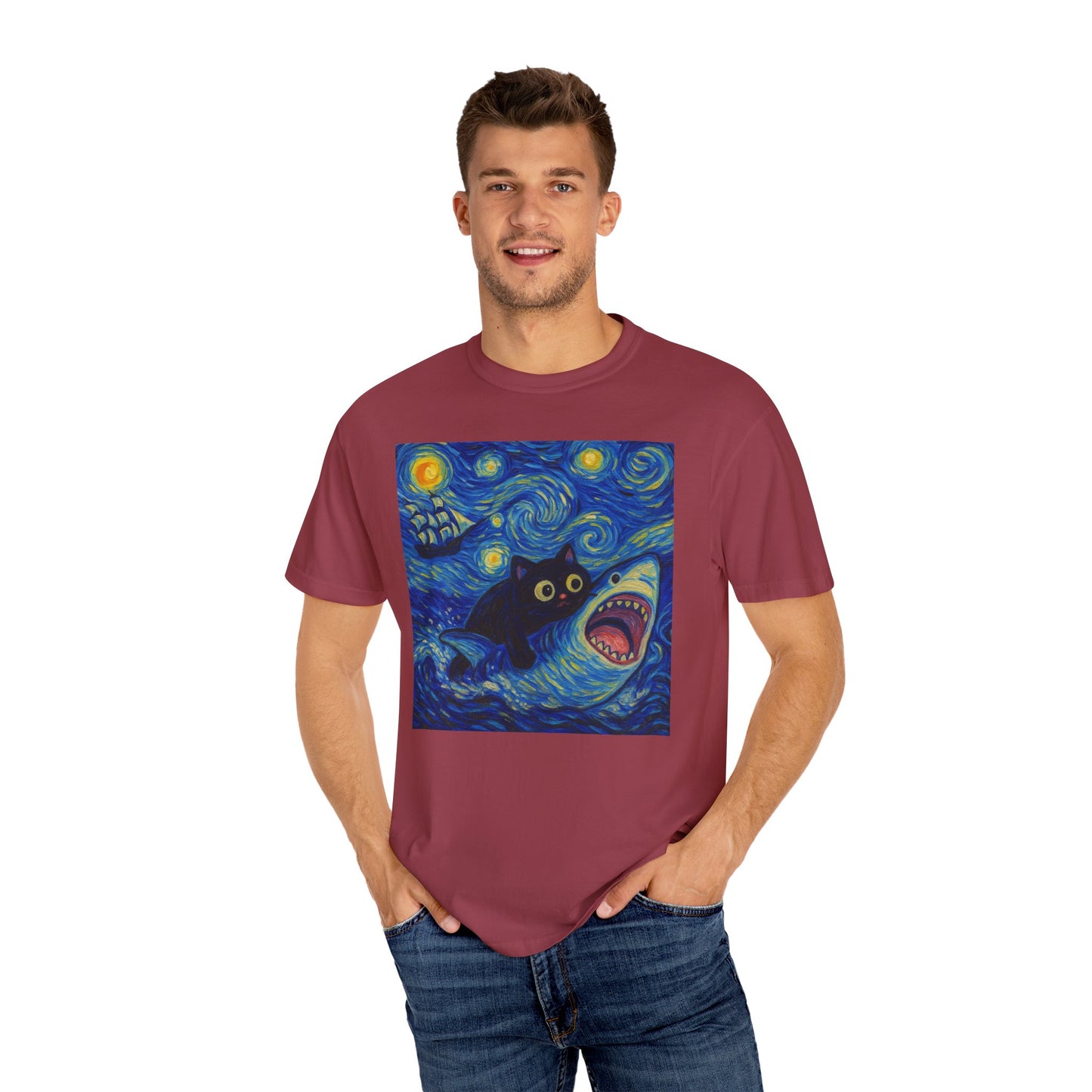 Whimsical Cat & Shark T-shirt