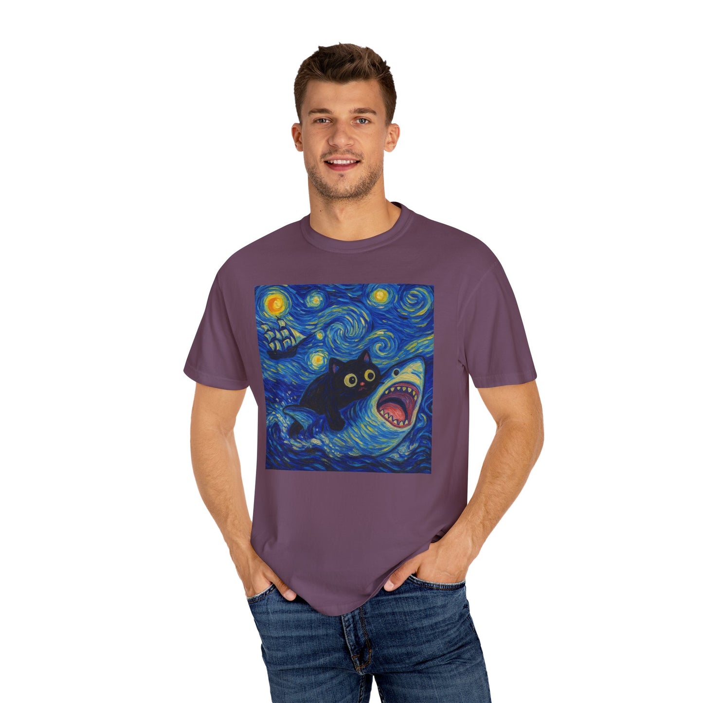 Whimsical Cat & Shark T-shirt