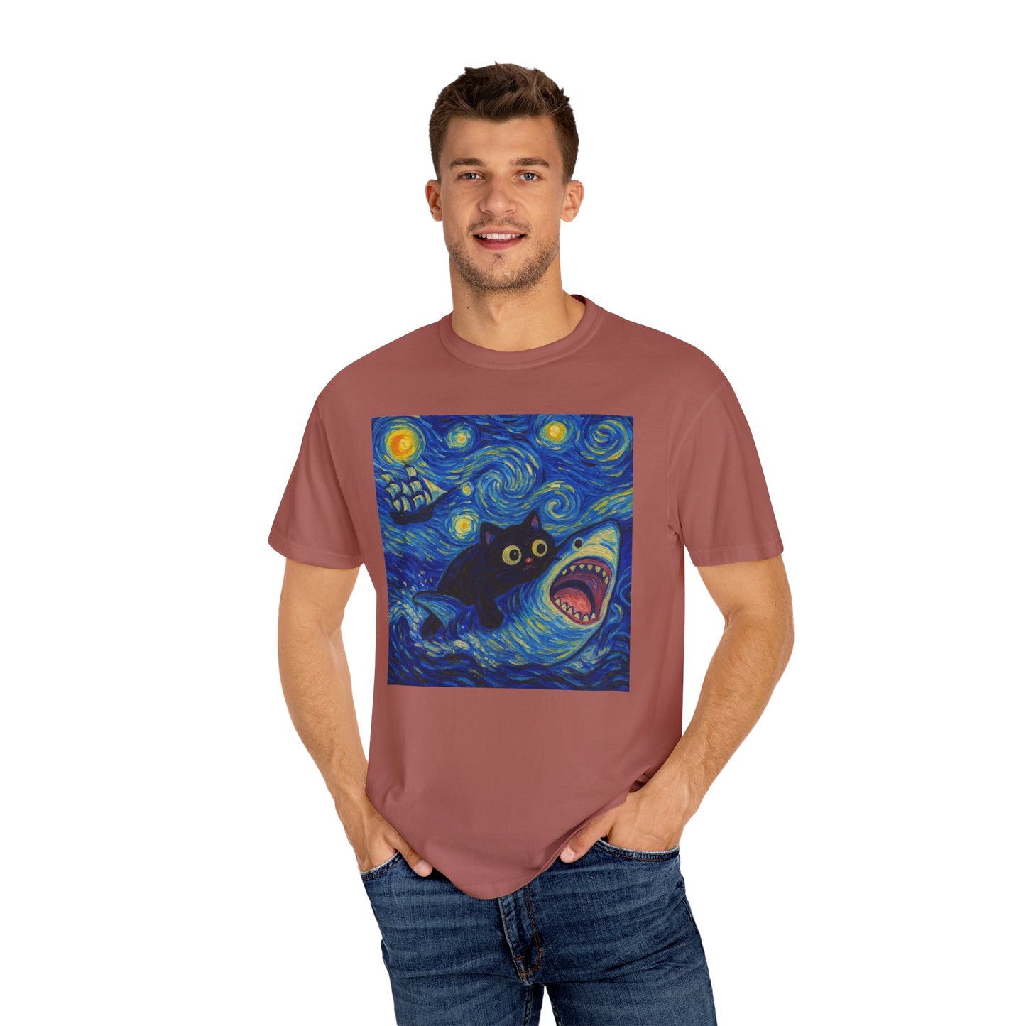 Whimsical Cat & Shark T-shirt
