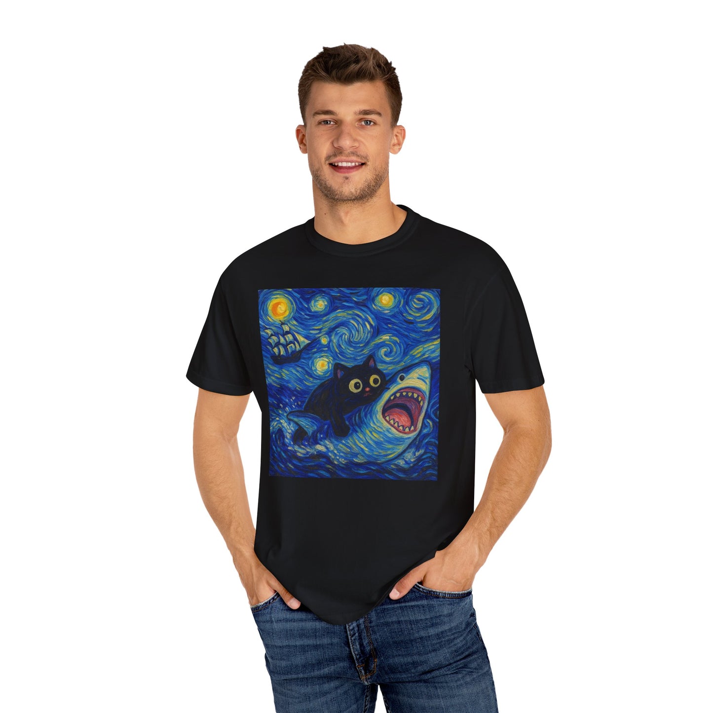 Whimsical Cat & Shark T-shirt