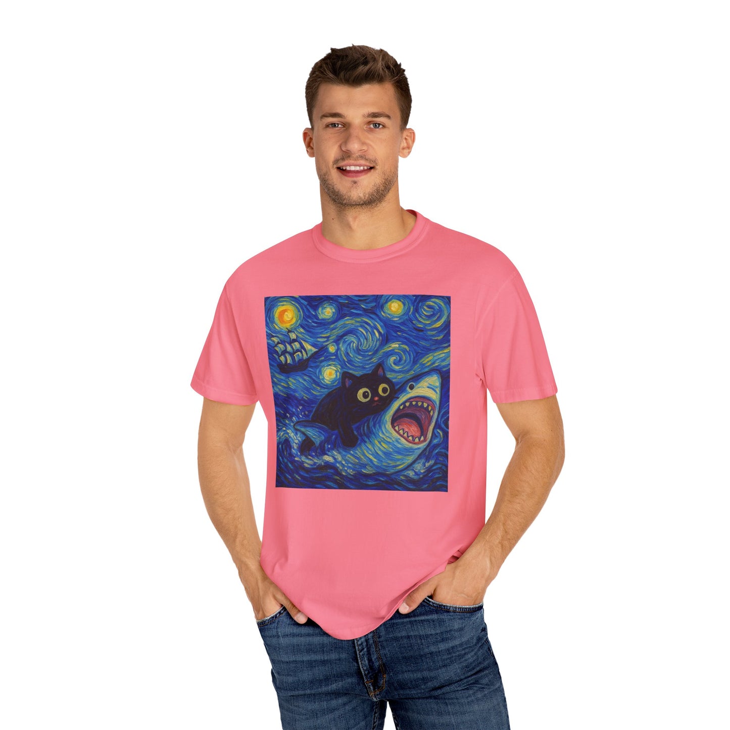 Whimsical Cat & Shark T-shirt