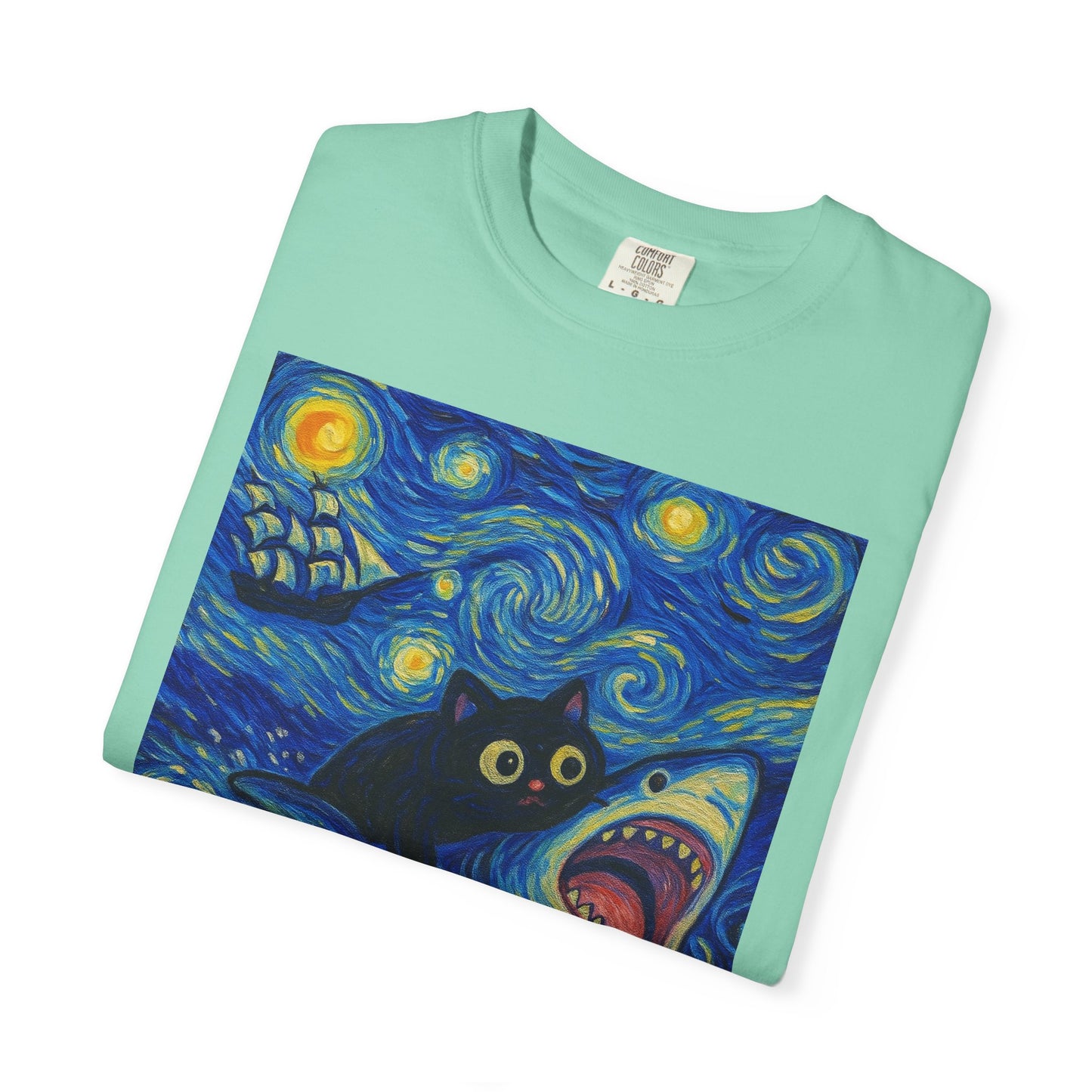Whimsical Cat & Shark T-shirt