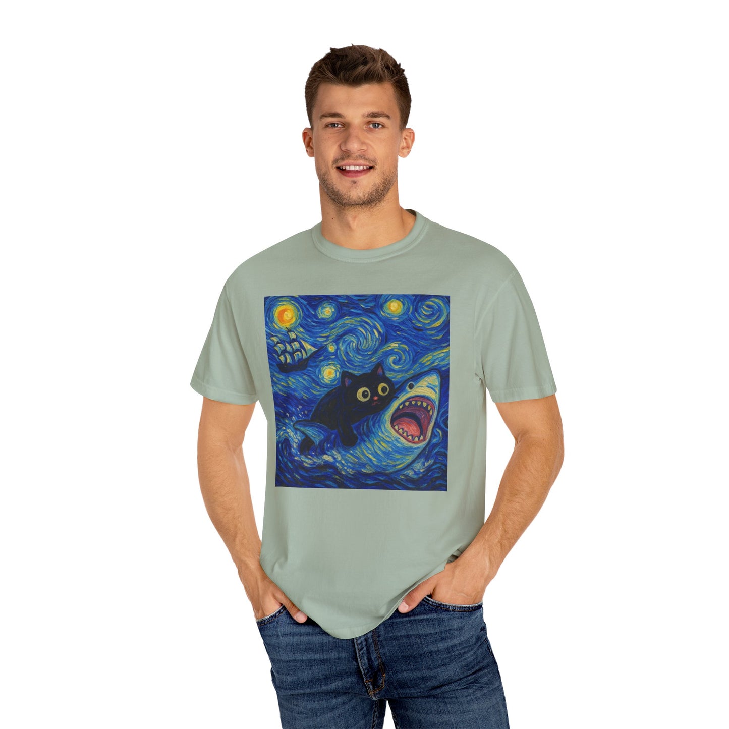 Whimsical Cat & Shark T-shirt