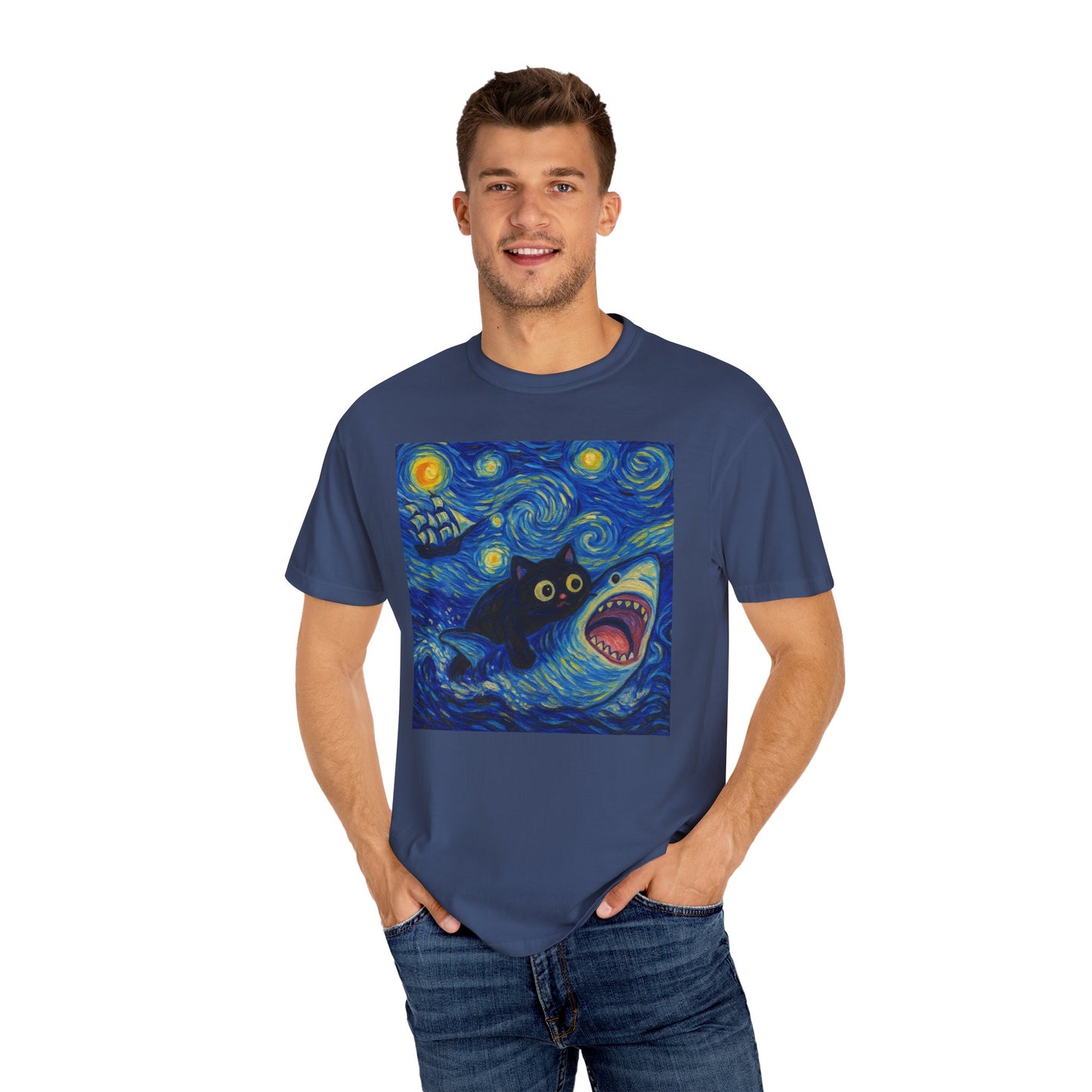 Whimsical Cat & Shark T-shirt