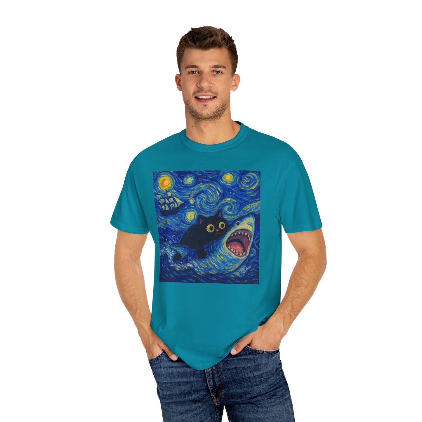 Whimsical Cat & Shark T-shirt