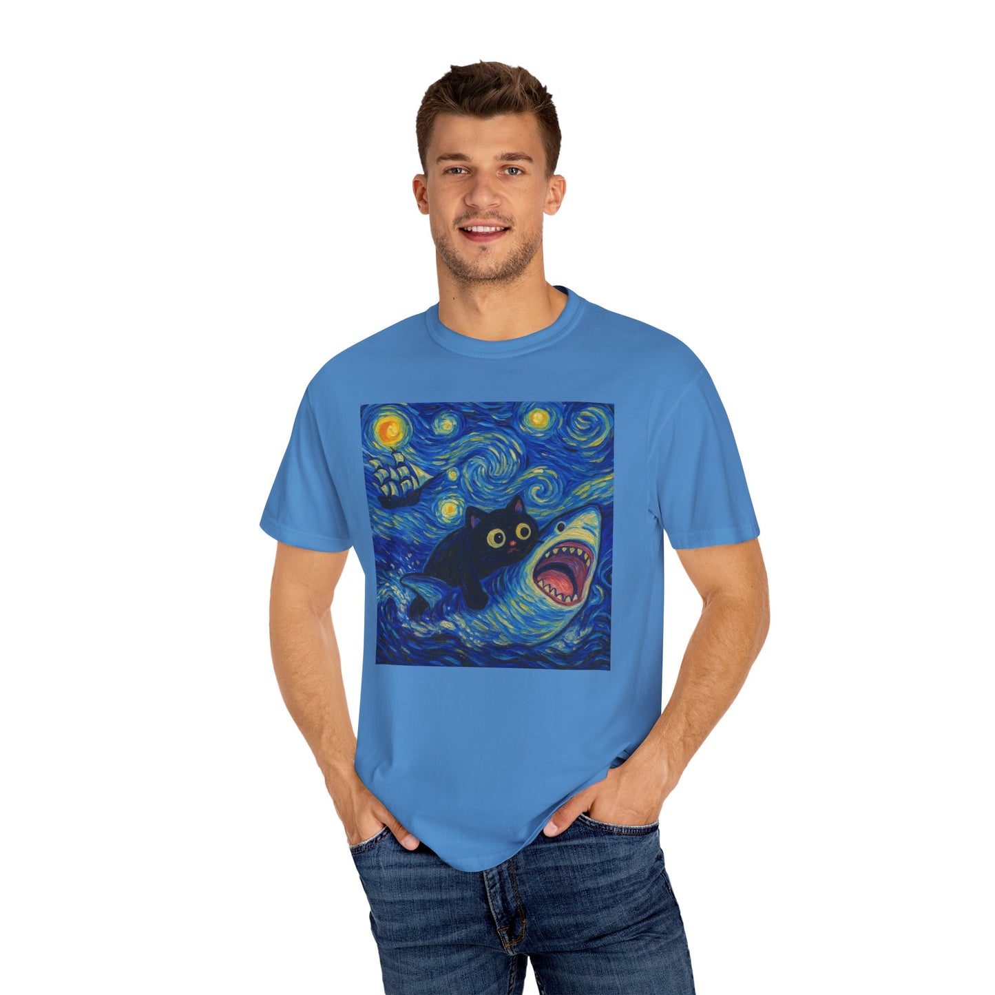 Whimsical Cat & Shark T-shirt