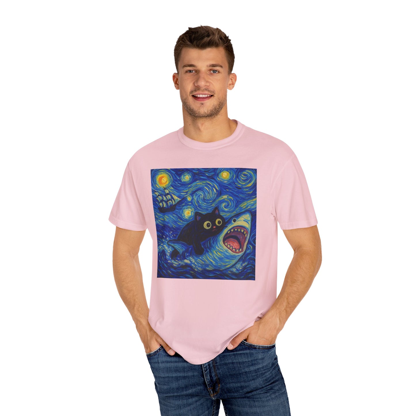 Whimsical Cat & Shark T-shirt