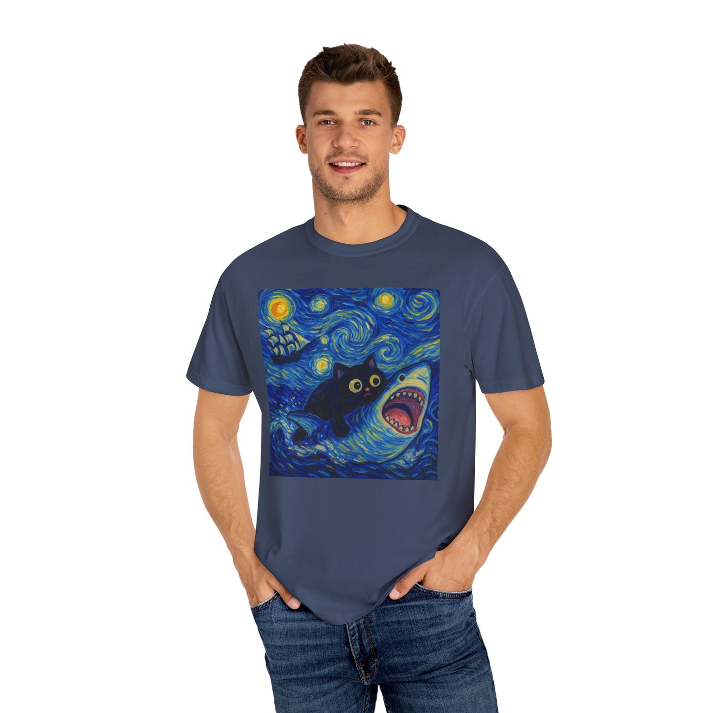 Whimsical Cat & Shark T-shirt