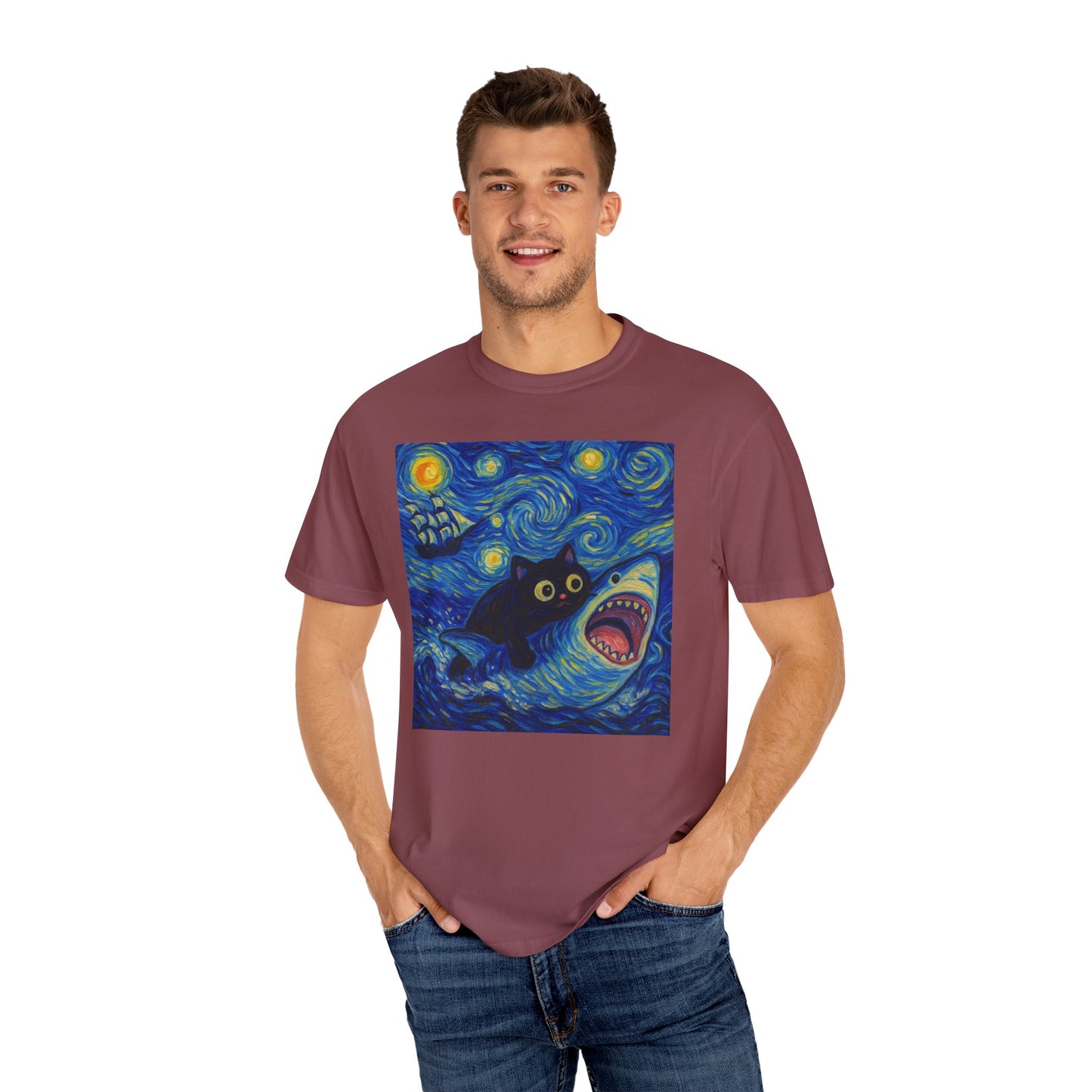 Whimsical Cat & Shark T-shirt