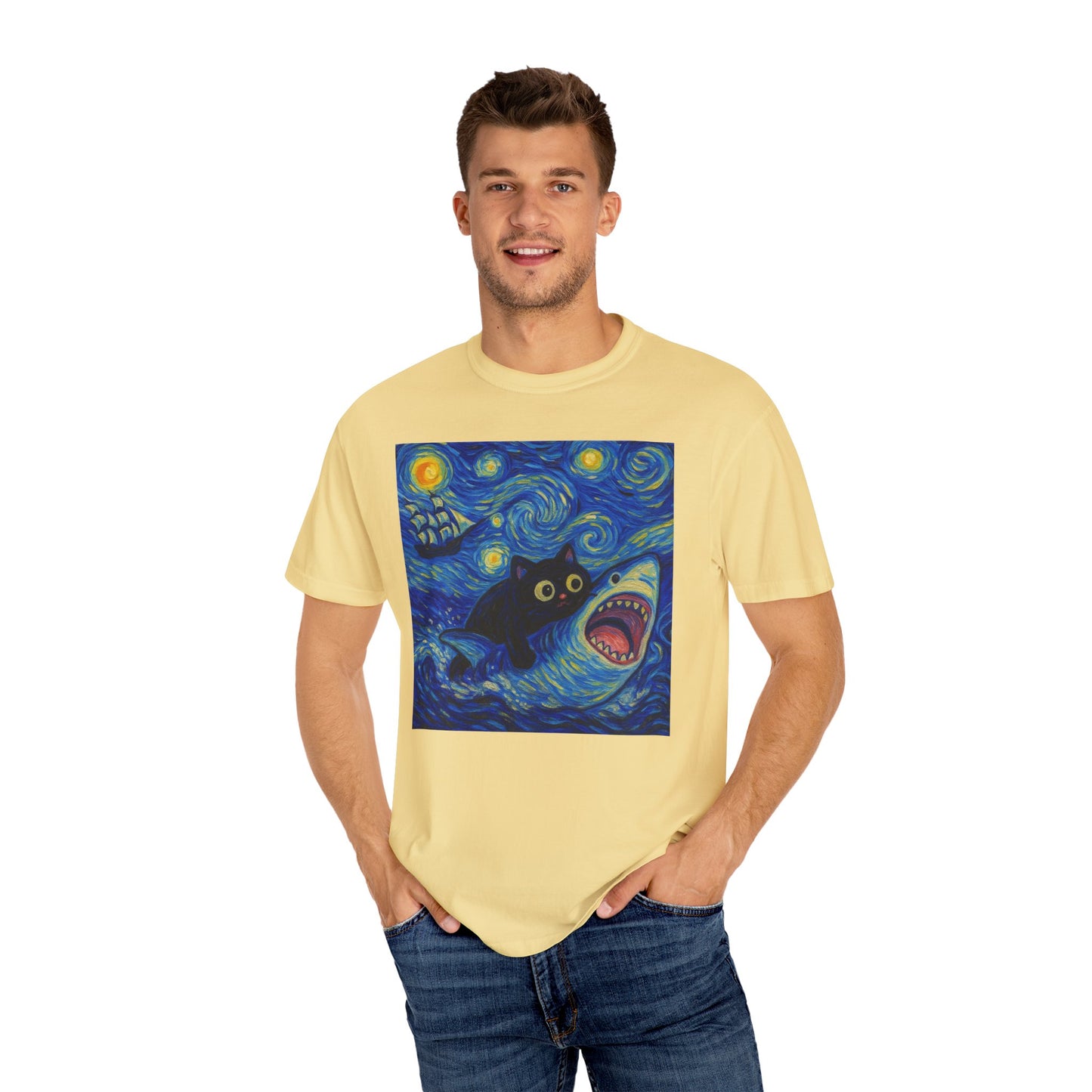 Whimsical Cat & Shark T-shirt