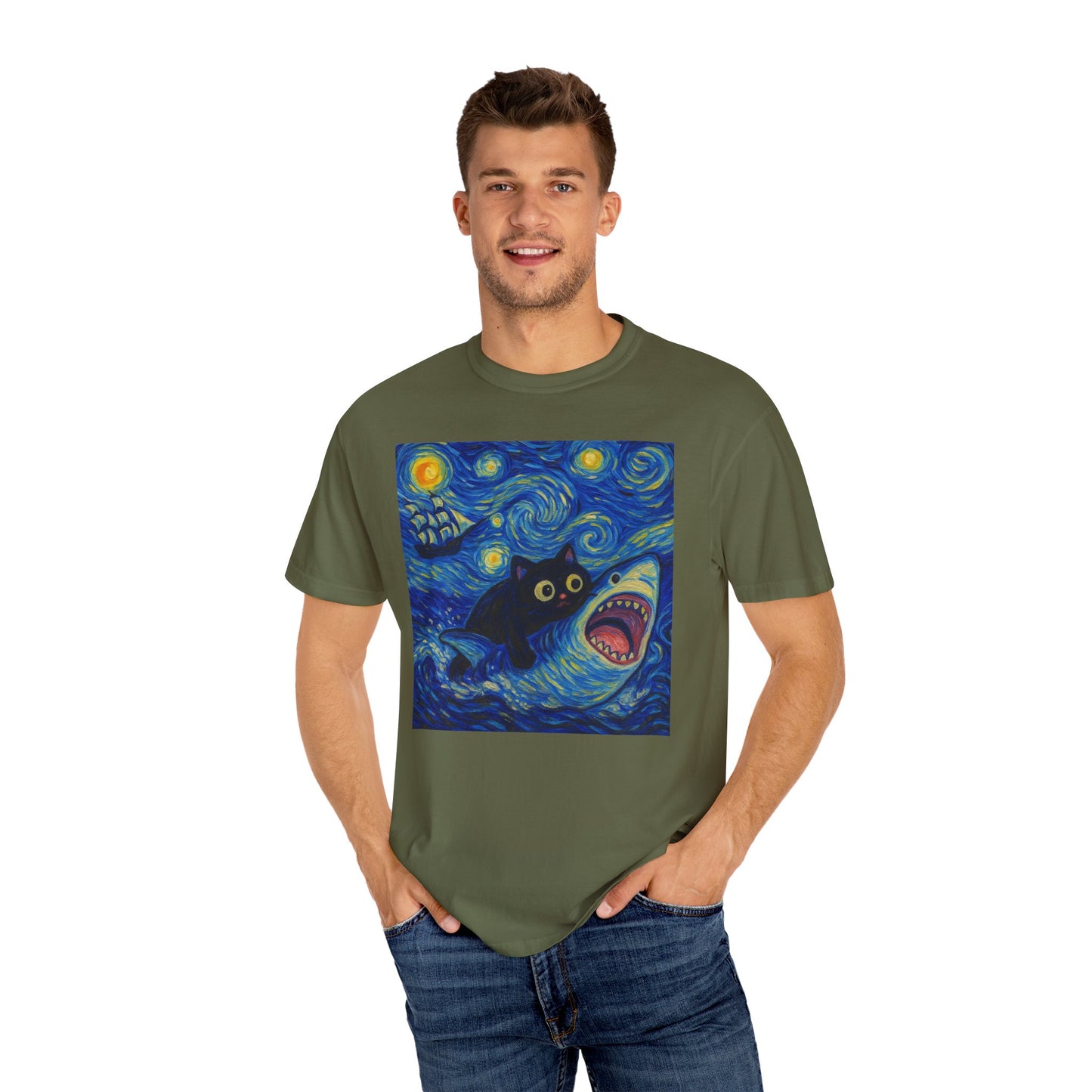 Whimsical Cat & Shark T-shirt