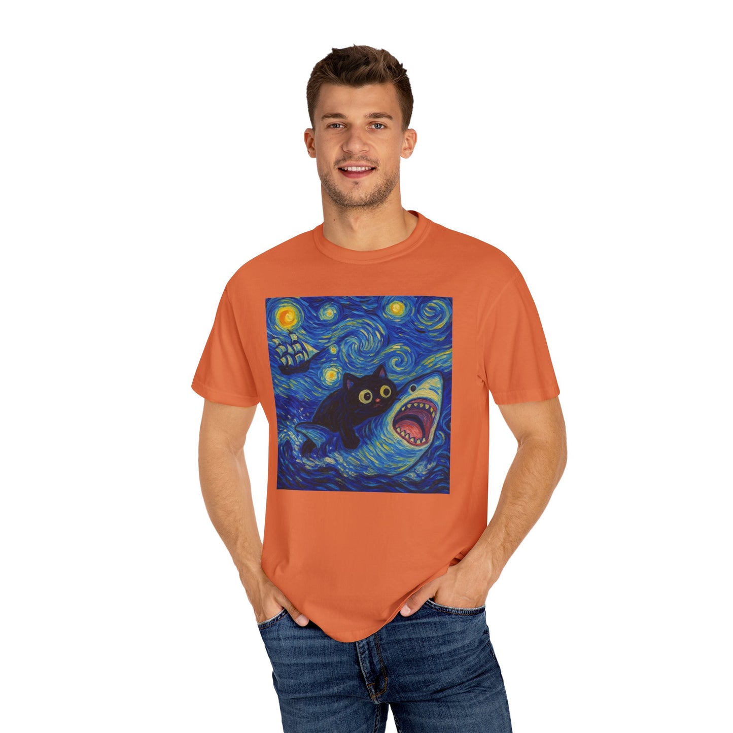 Whimsical Cat & Shark T-shirt