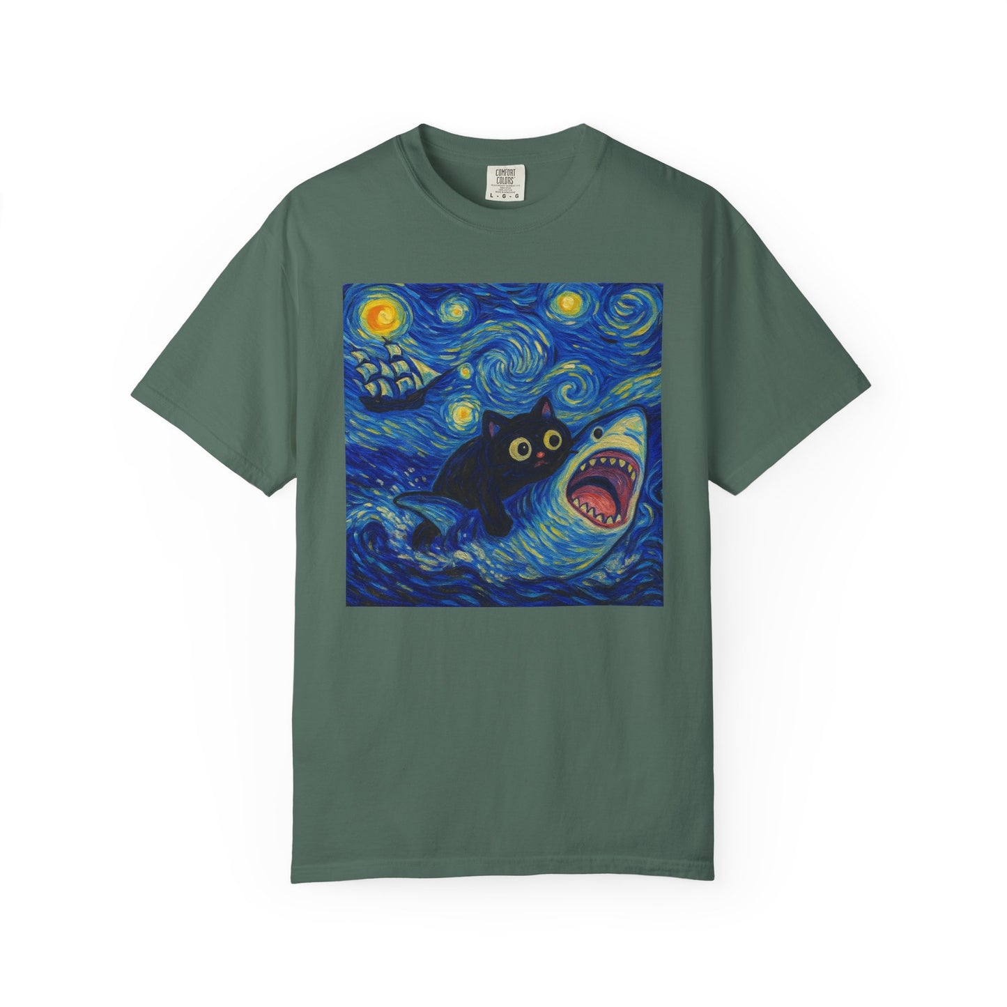Whimsical Cat & Shark T-shirt