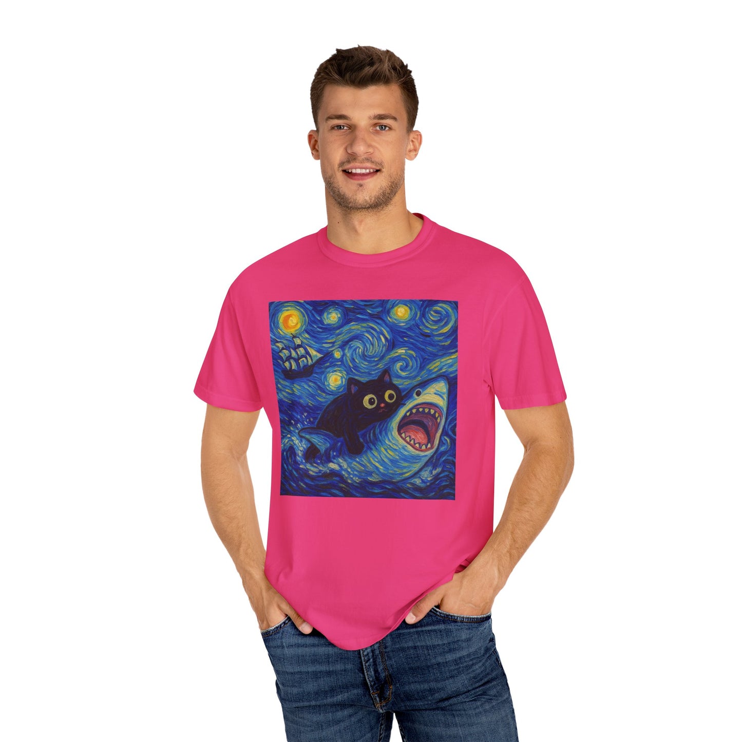 Whimsical Cat & Shark T-shirt
