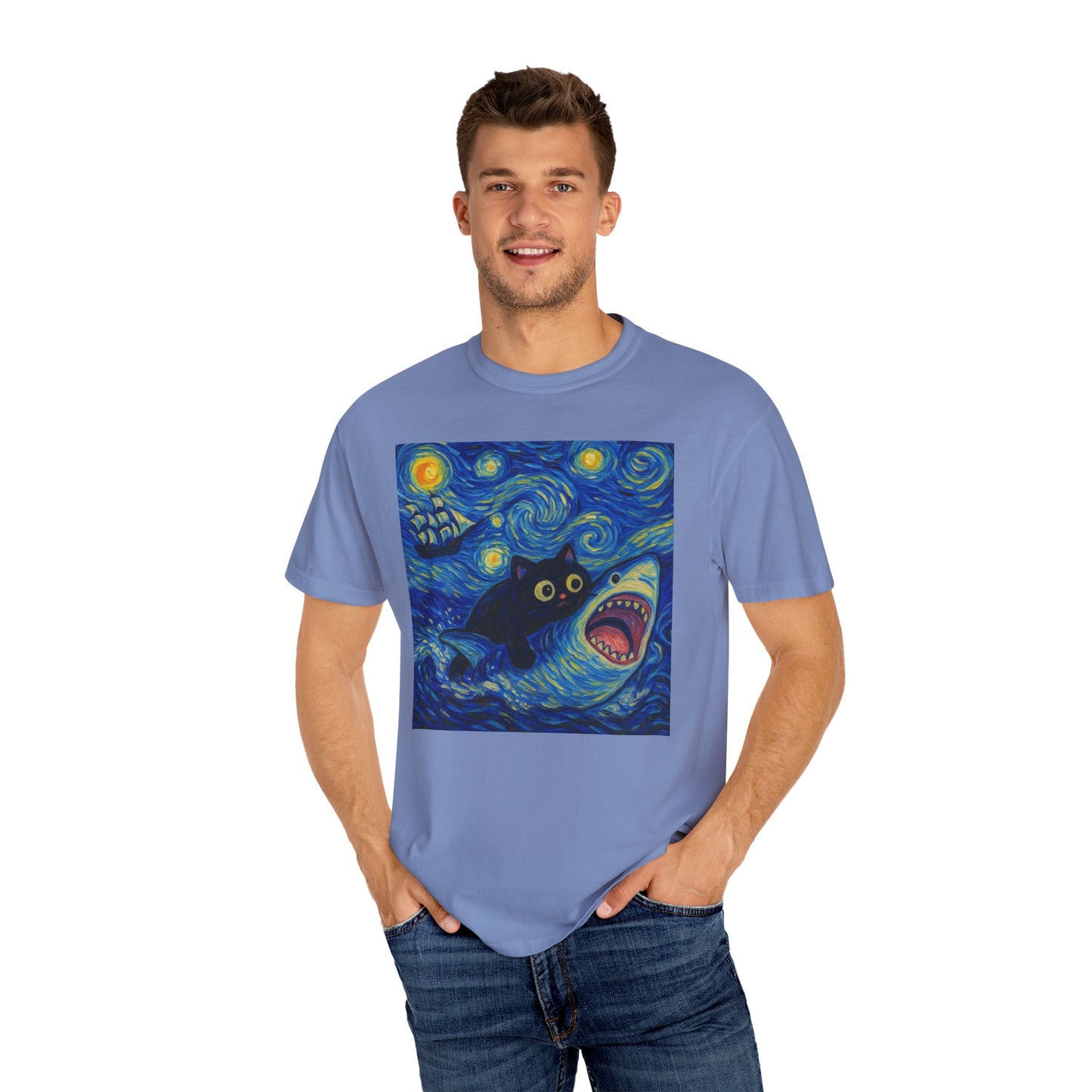 Whimsical Cat & Shark T-shirt