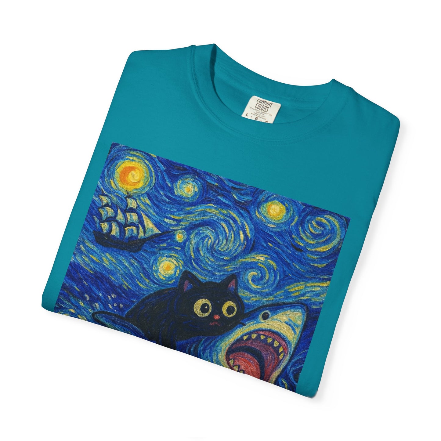 Whimsical Cat & Shark T-shirt