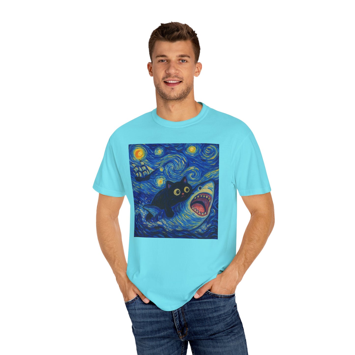 Whimsical Cat & Shark T-shirt