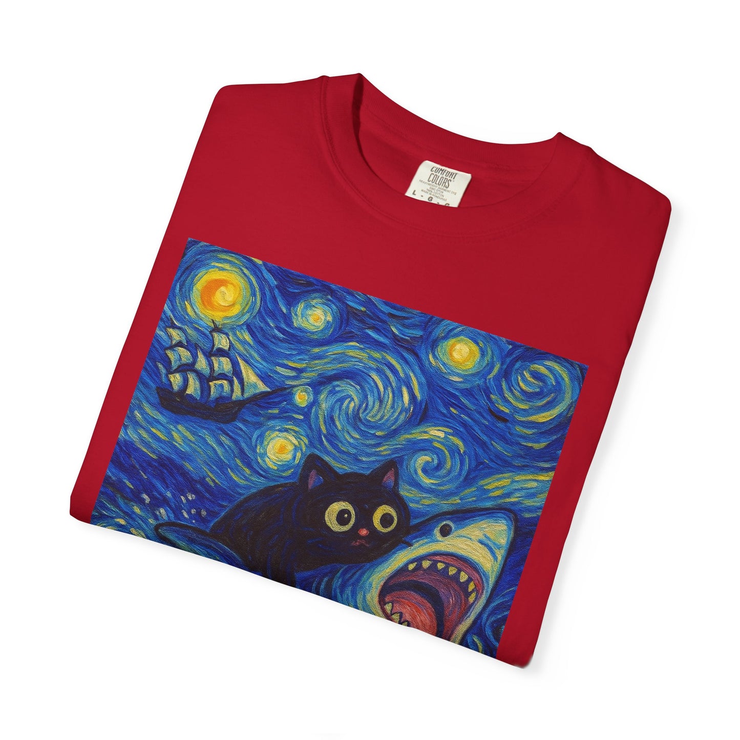 Whimsical Cat & Shark T-shirt