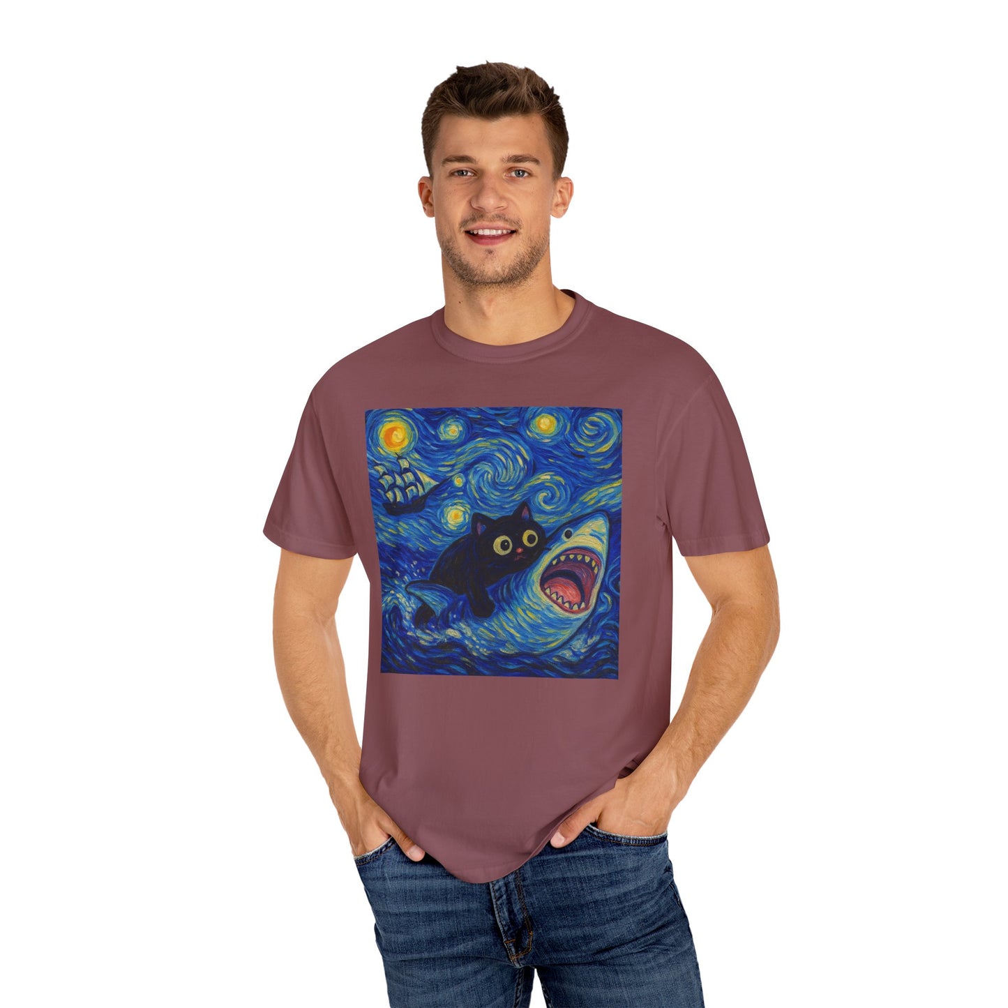 Whimsical Cat & Shark T-shirt