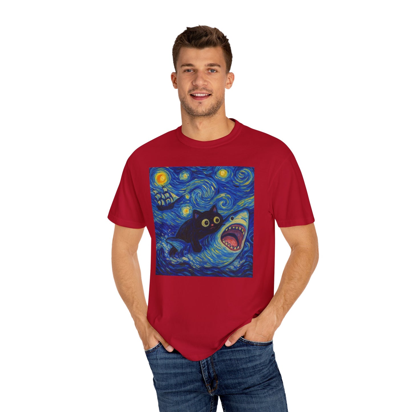 Whimsical Cat & Shark T-shirt
