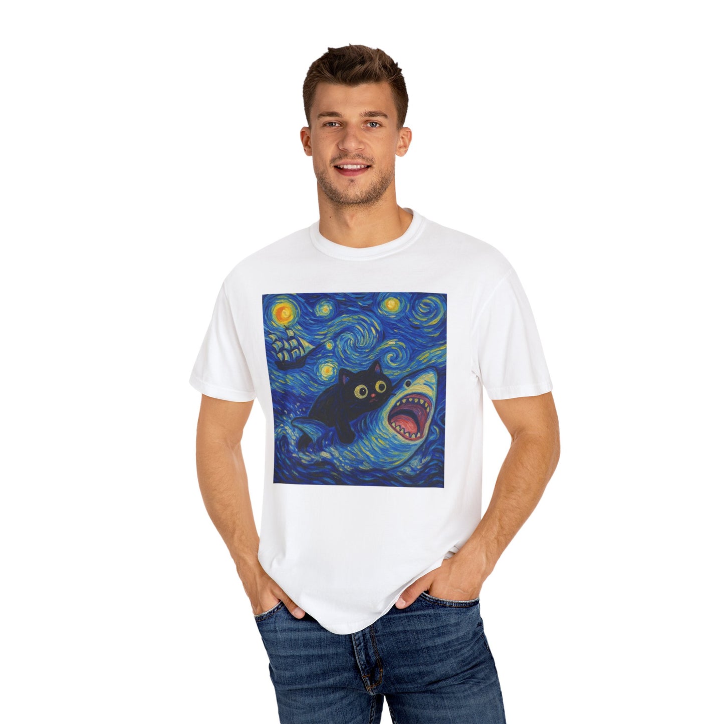 Whimsical Cat & Shark T-shirt