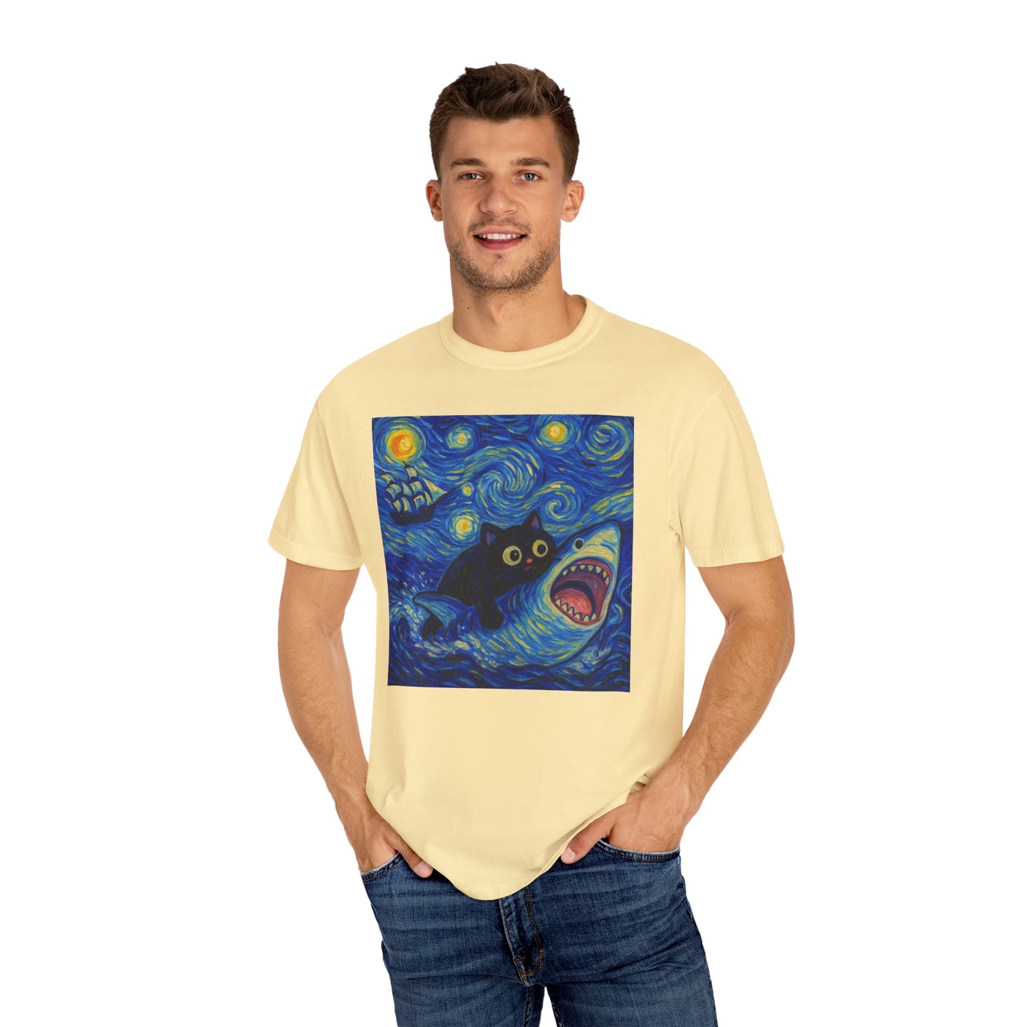 Whimsical Cat & Shark T-shirt