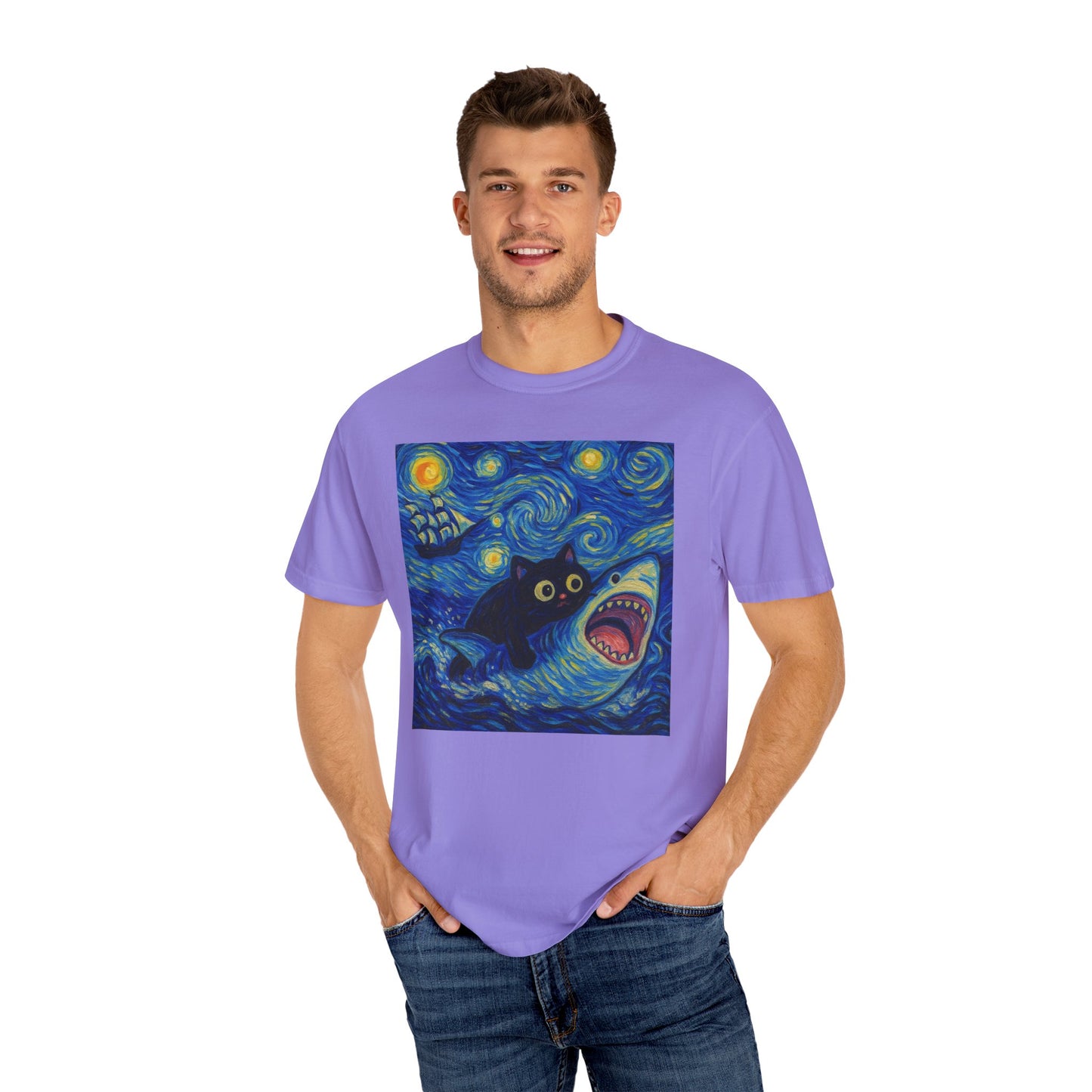 Whimsical Cat & Shark T-shirt