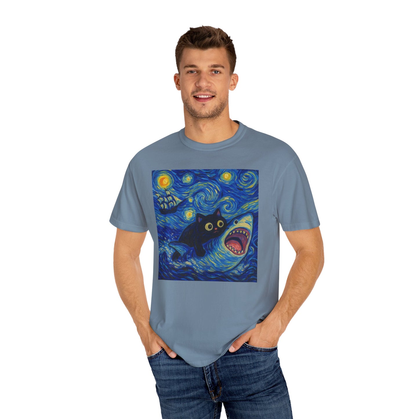 Whimsical Cat & Shark T-shirt