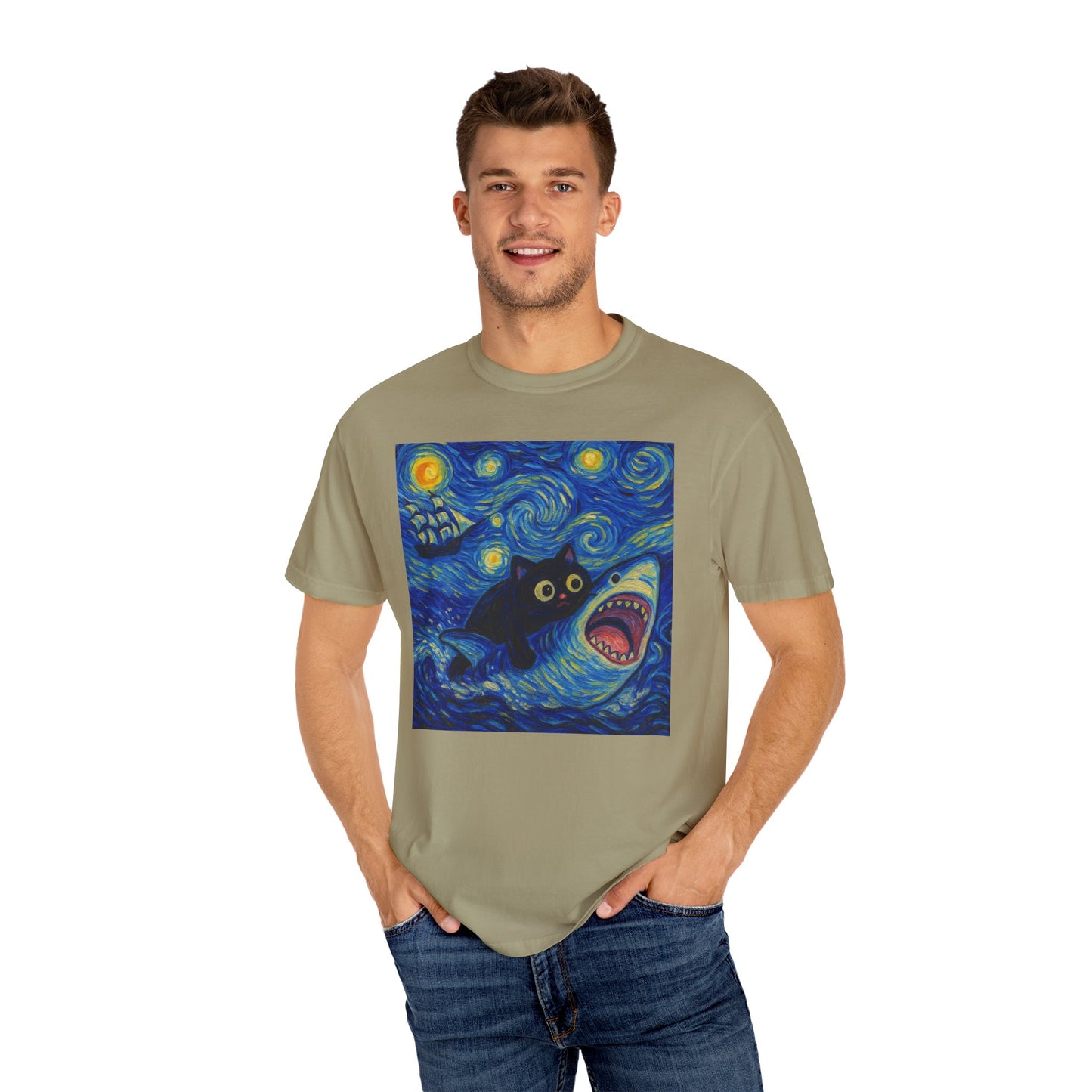 Whimsical Cat & Shark T-shirt