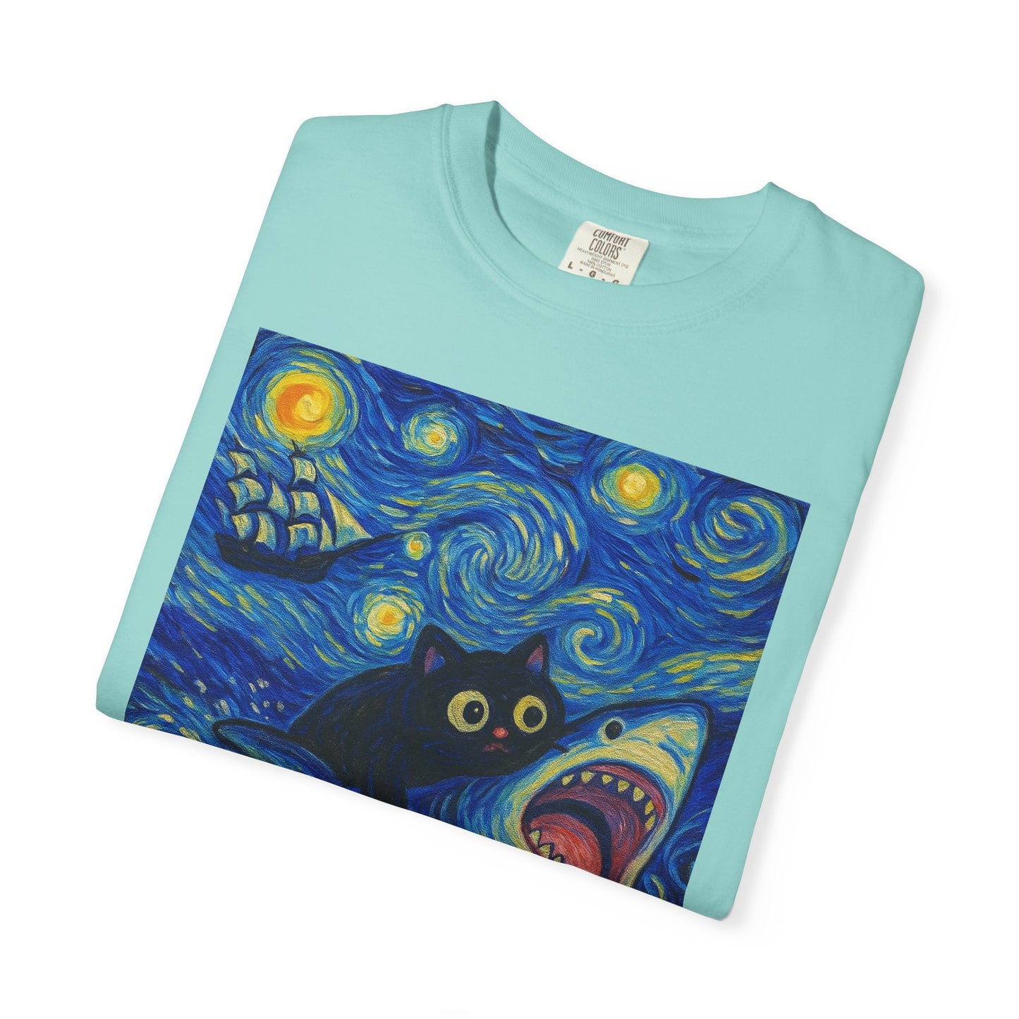 Whimsical Cat & Shark T-shirt