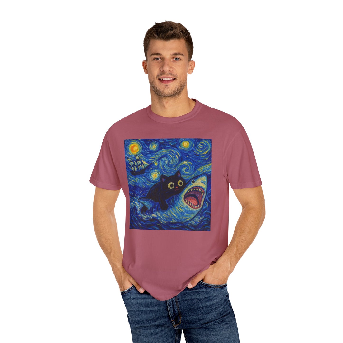 Whimsical Cat & Shark T-shirt