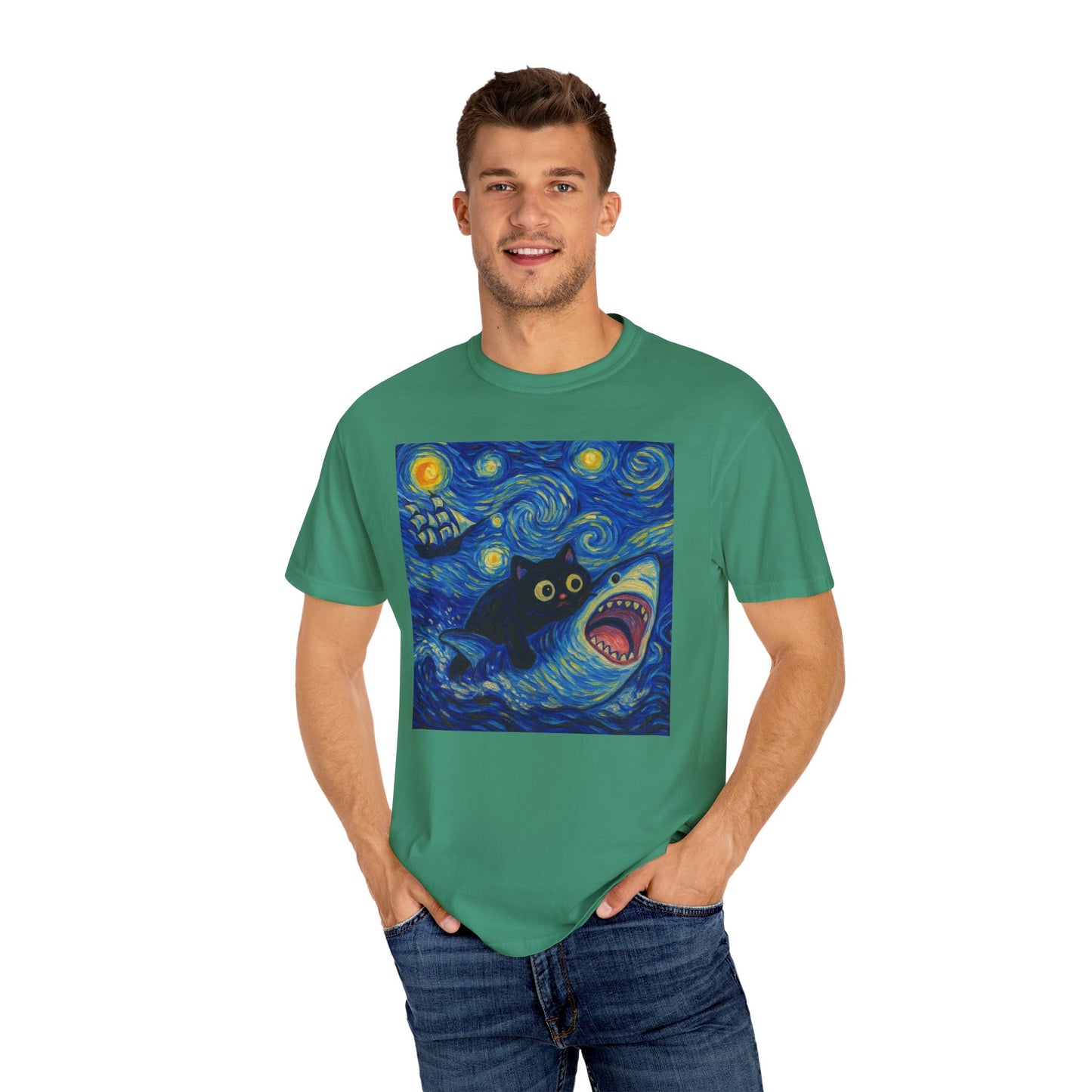 Whimsical Cat & Shark T-shirt